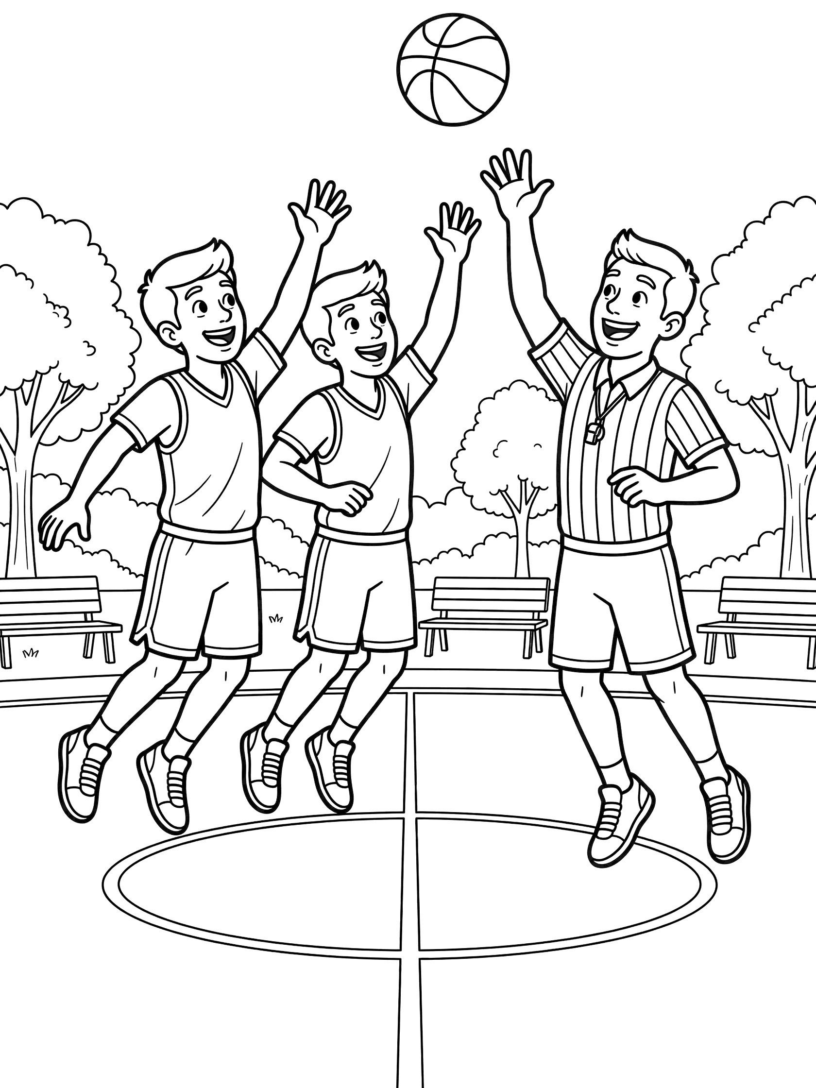 Black and white coloring page of two friendly basketball players jumping for the jump ball tossed by a grinning referee on an outdoor park court with trees and benches.