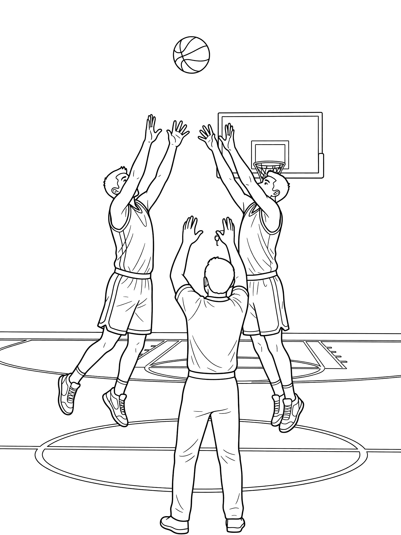 Black and white line art of basketball jump ball: two players jumping high from center circle, arms extended to tip the ball, referee tossing it up, court lines and backboard in background.
