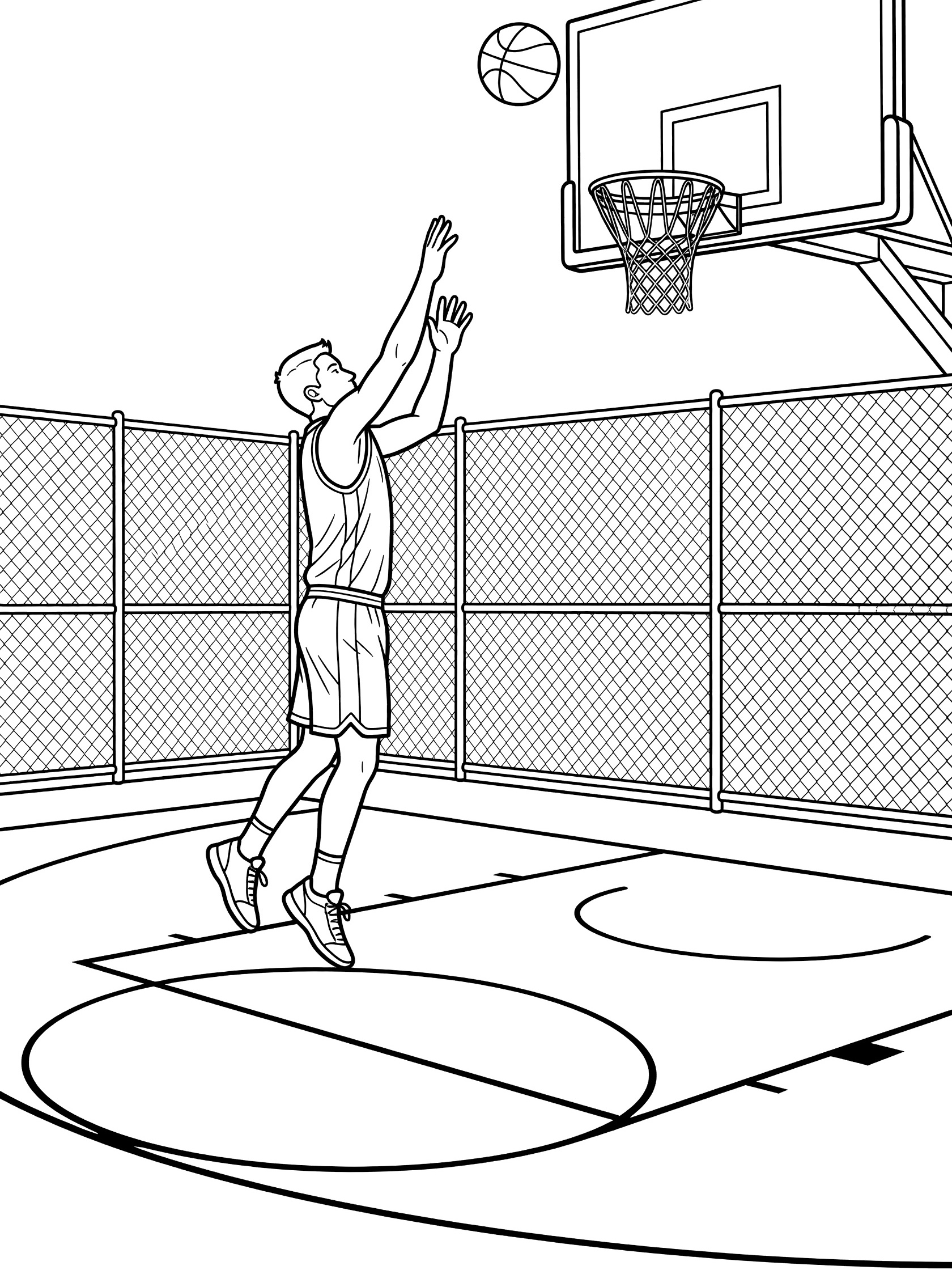 Black-and-white line art of a player doing a jump shot on an outdoor basketball court surrounded by chain-link fence, with ball arcing to the hoop.