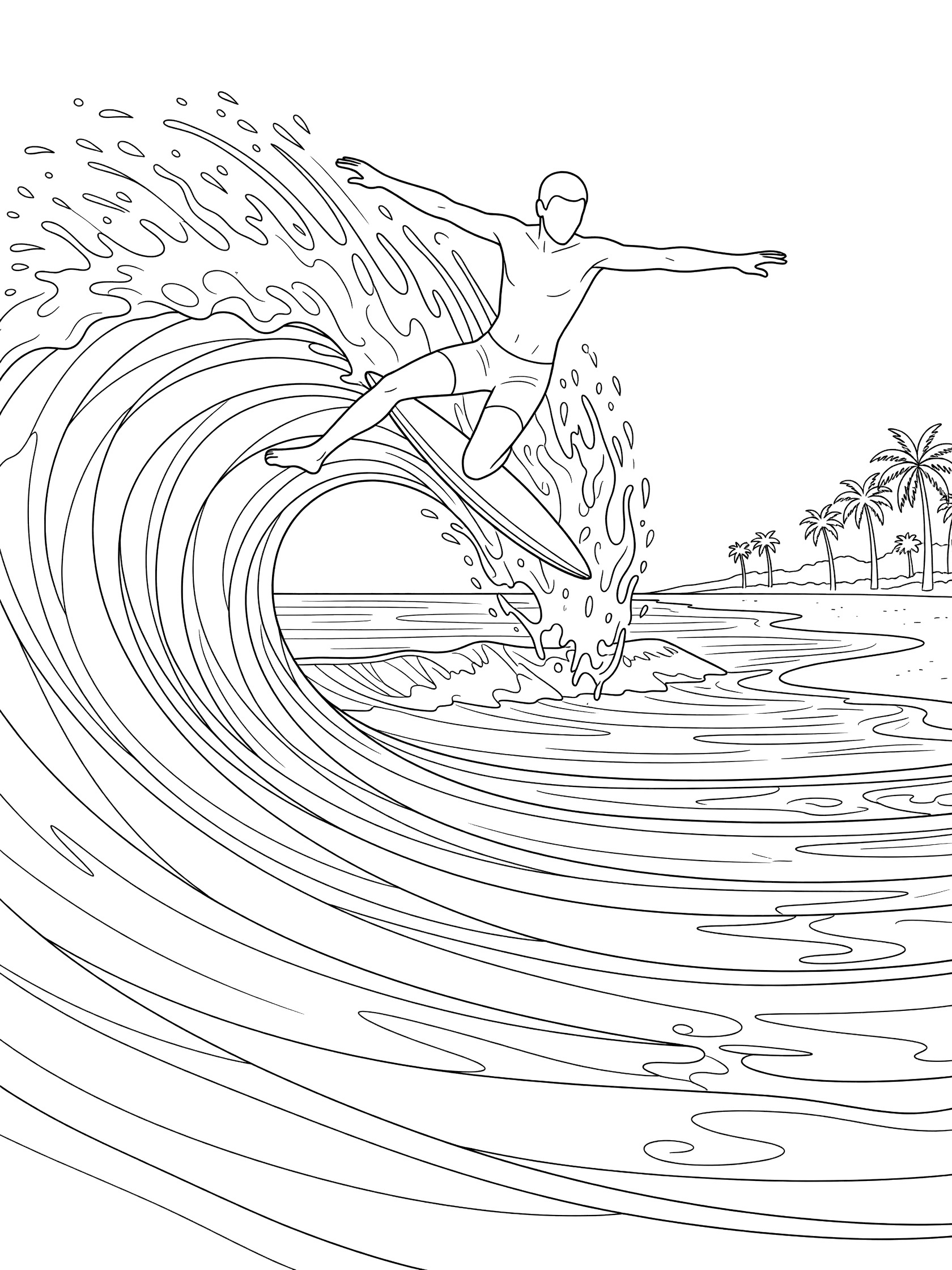 Line art coloring page showing a bodysurfer in mid-air jump off a curling ocean wave, arms and legs out, water spray flying, beach and palm trees in background.