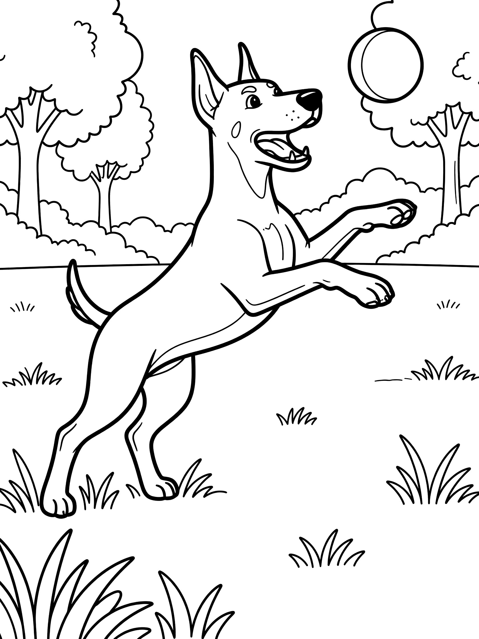 Black and white line art of a dog leaping with open mouth, front paws raised, tail wagging, near trees and grass on white background. German Shepherd themed black and white printable line art
