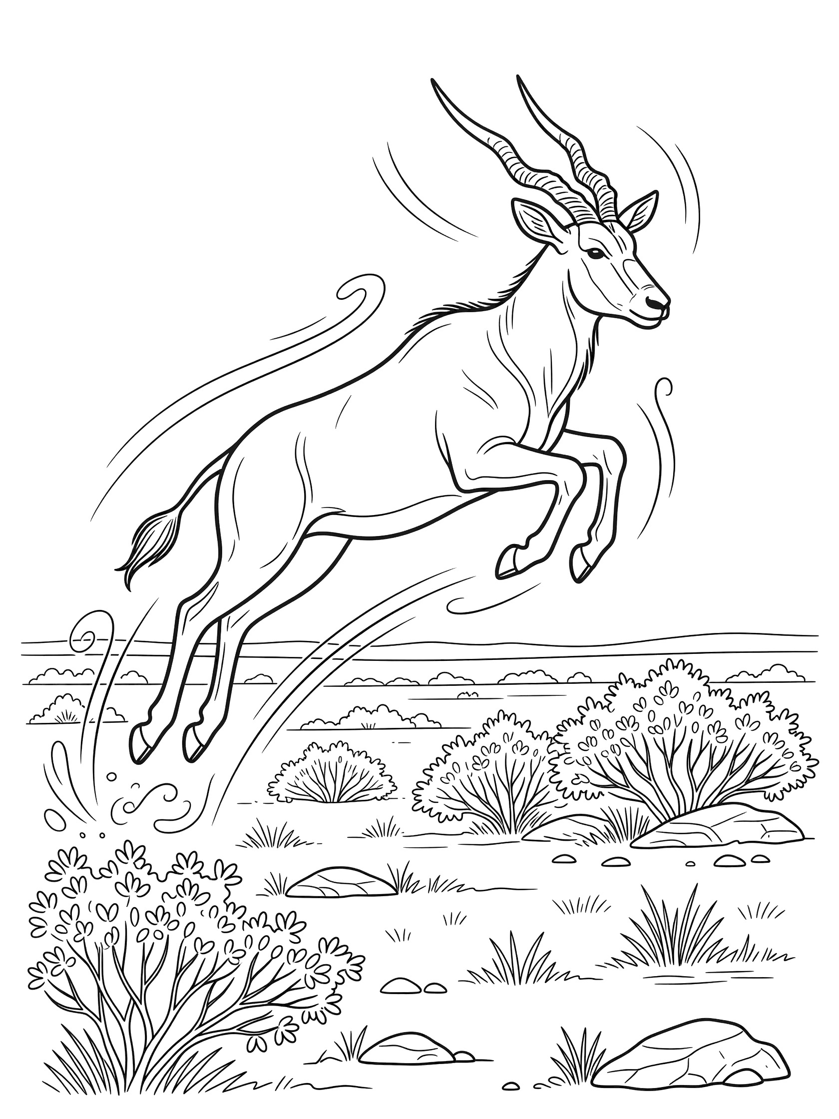 Black and white line art of an energetic eland antelope jumping high over scattered bushes and rocks in the wild African plains, with whimsical motion lines.