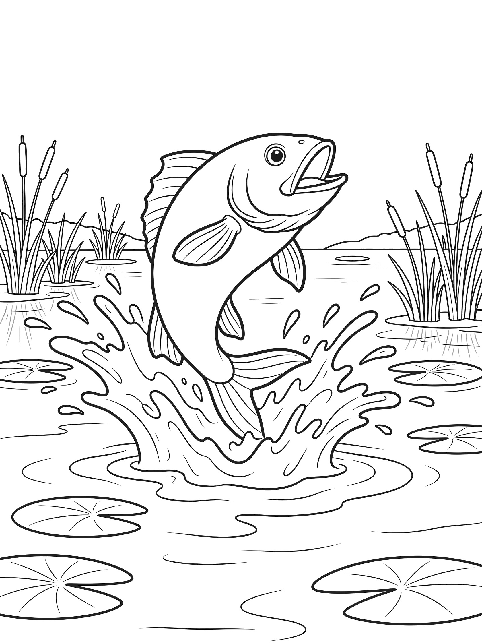 Black and white line art coloring page showing a large fish leaping from the water with water splashes, lily pads, and tall reeds around it. Mississippi River themed black and white printable line art