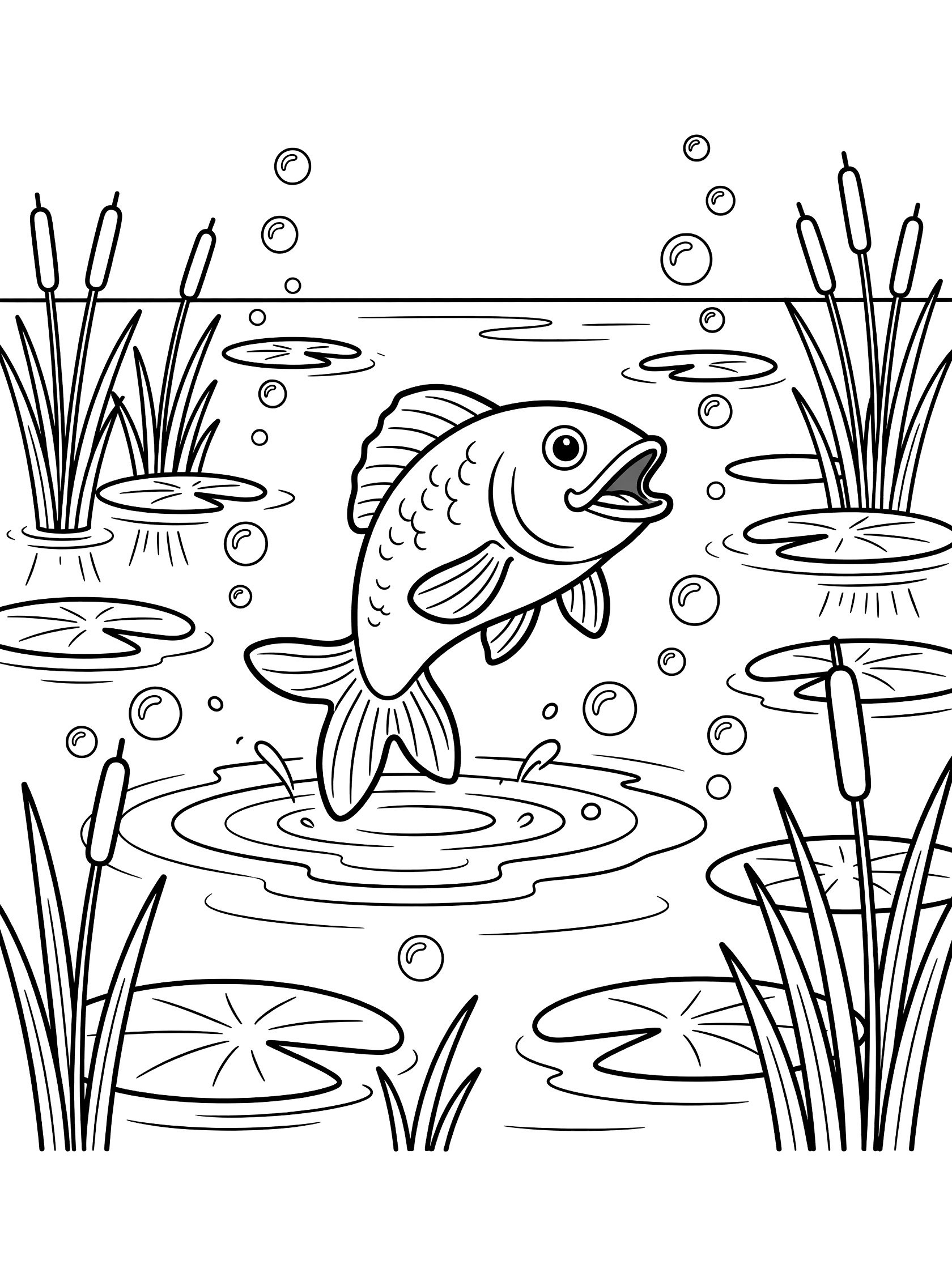 Black and white line art coloring page showing a playful fish leaping from a pond surrounded by lily pads, tall reeds, floating bubbles, and water ripples. The Great Lakes themed black and white printable line art