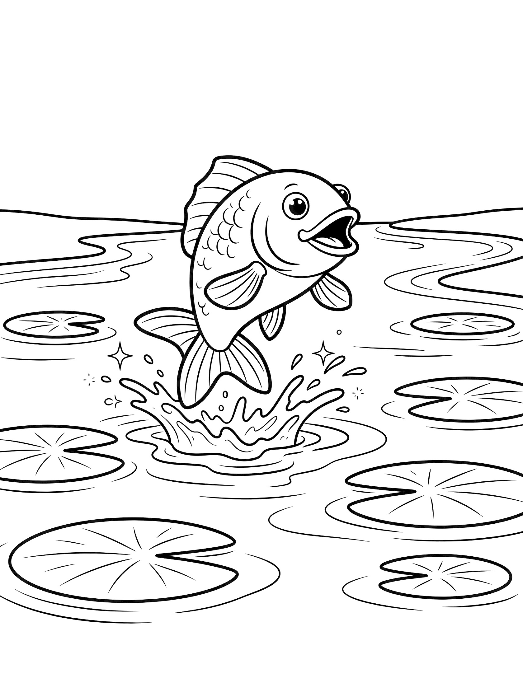 Black and white line art coloring page showing a cheerful fish leaping from wavy water surrounded by floating lily pads and water splashes. Rio Grande themed black and white printable line art