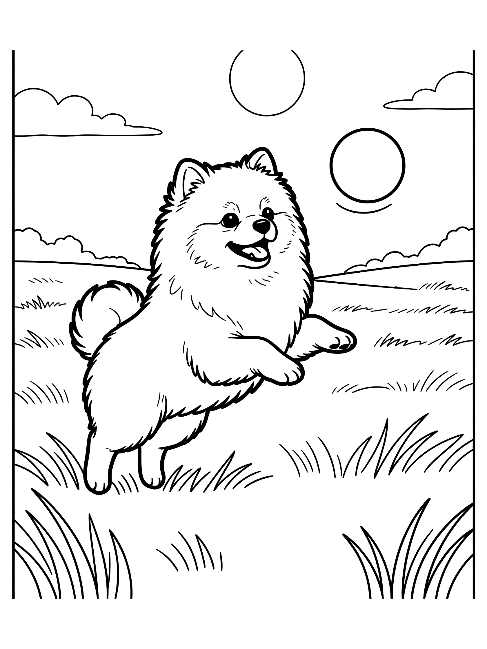 Black and white line art coloring page showing a fluffy Pomeranian-style dog leaping with tongue out in a grassy field under a sun and clouds
