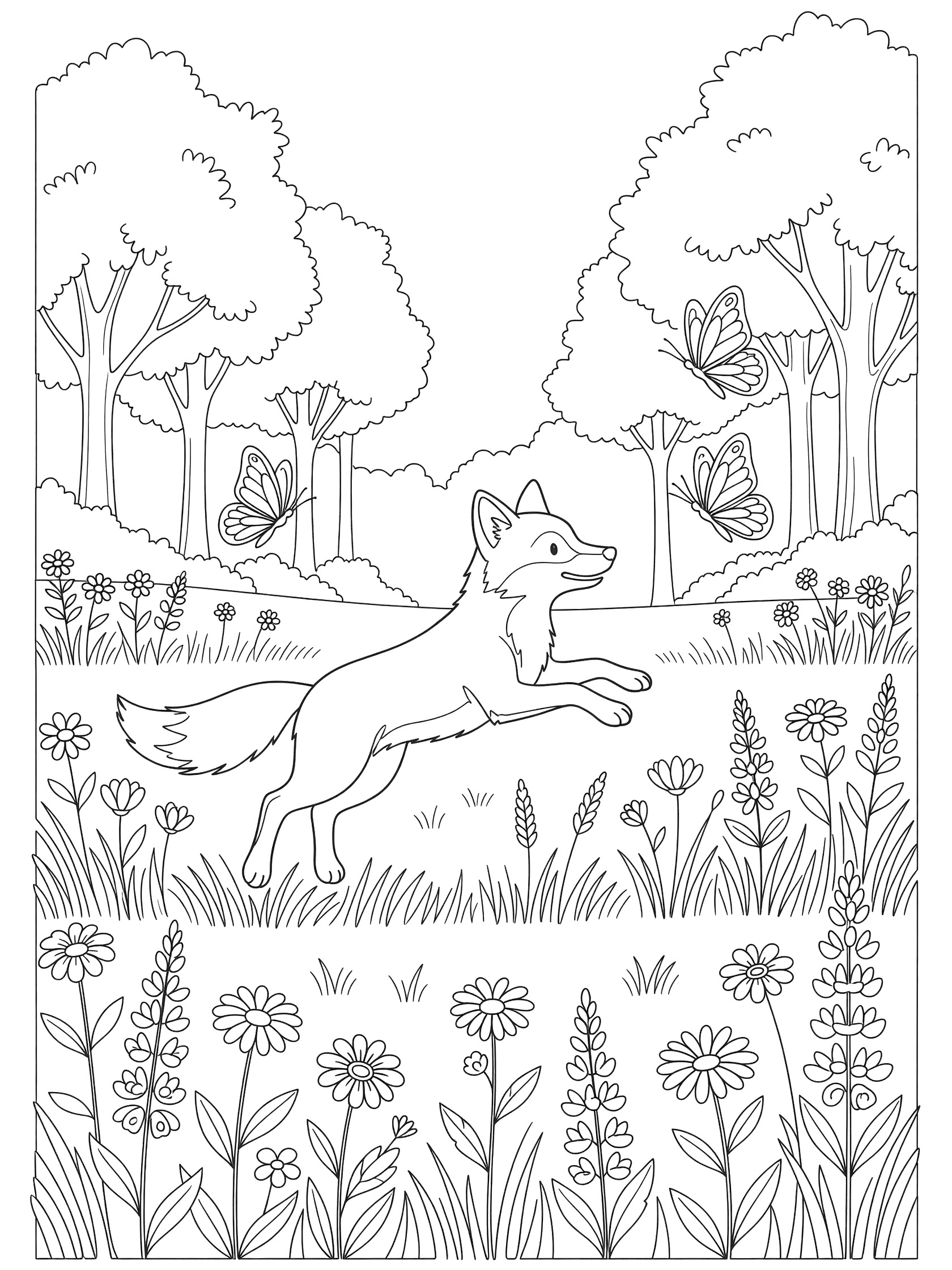 Black and white line art coloring page showing a fox leaping playfully toward two butterflies above wildflowers in a meadow surrounded by trees.