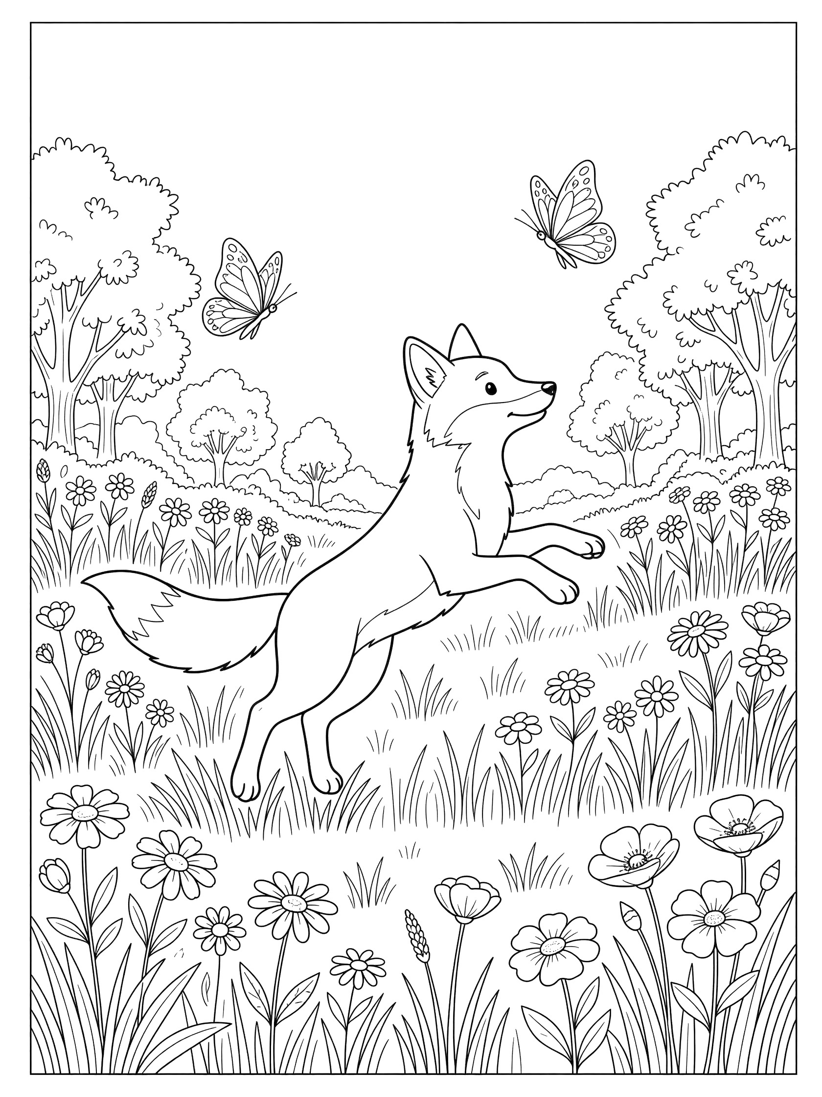 Black and white line art coloring page showing a fox leaping playfully towards butterflies above a meadow with flowers and trees.