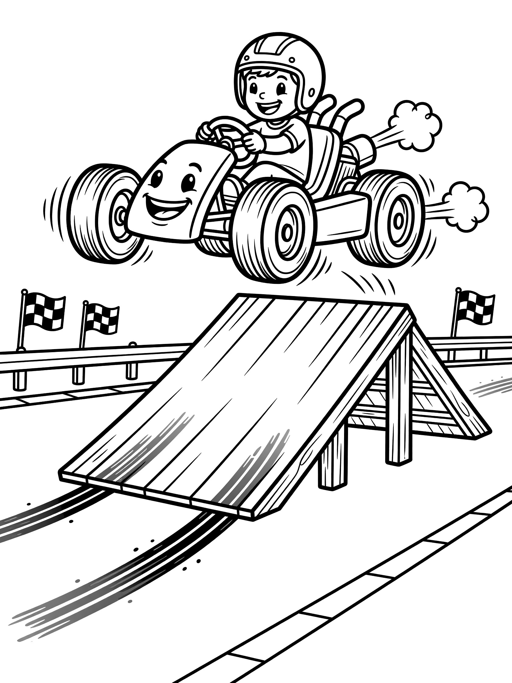 Cartoon go-kart with smiling face jumping over steep ramp, happy child driver leaning forward, motion lines and spinning wheels in mid-air coloring page