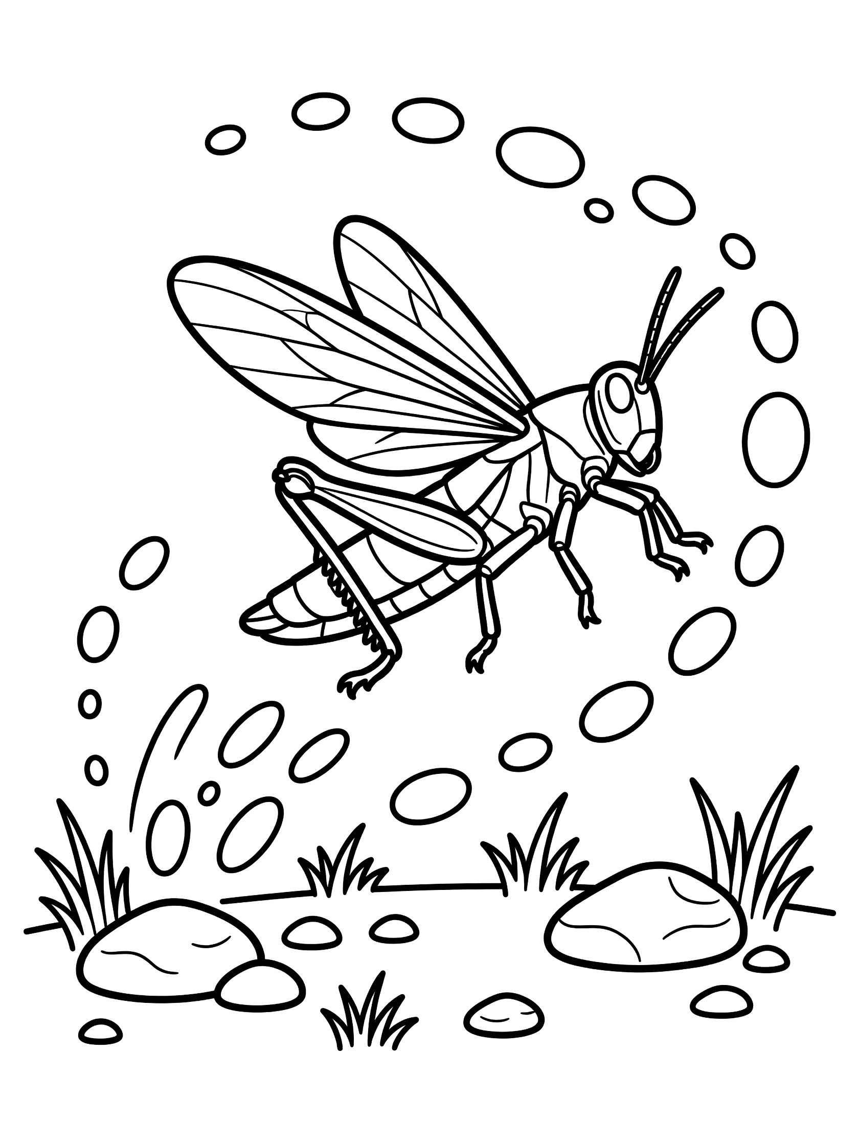 Black and white line art coloring page showing a grasshopper leaping upward with bent legs, open wings, motion dots trailing behind, grass tufts, and scattered pebbles on white background. Locust themed black and white printable line art