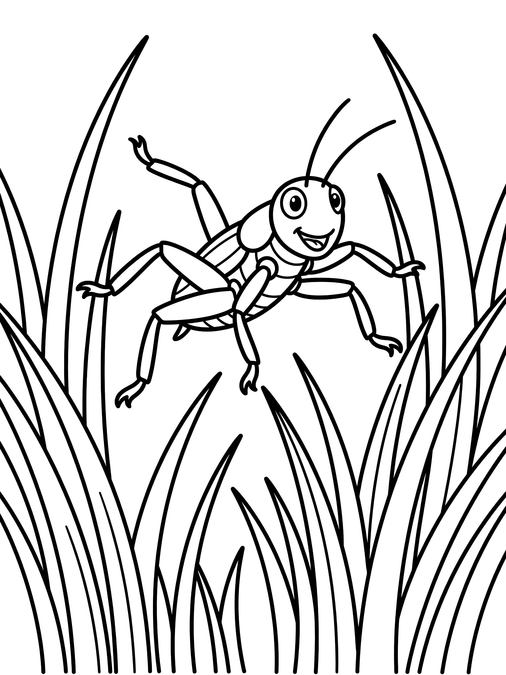 Black and white line art coloring page showing a cheerful grasshopper leaping with legs outstretched amid tall grass blades. Cricket themed black and white printable line art