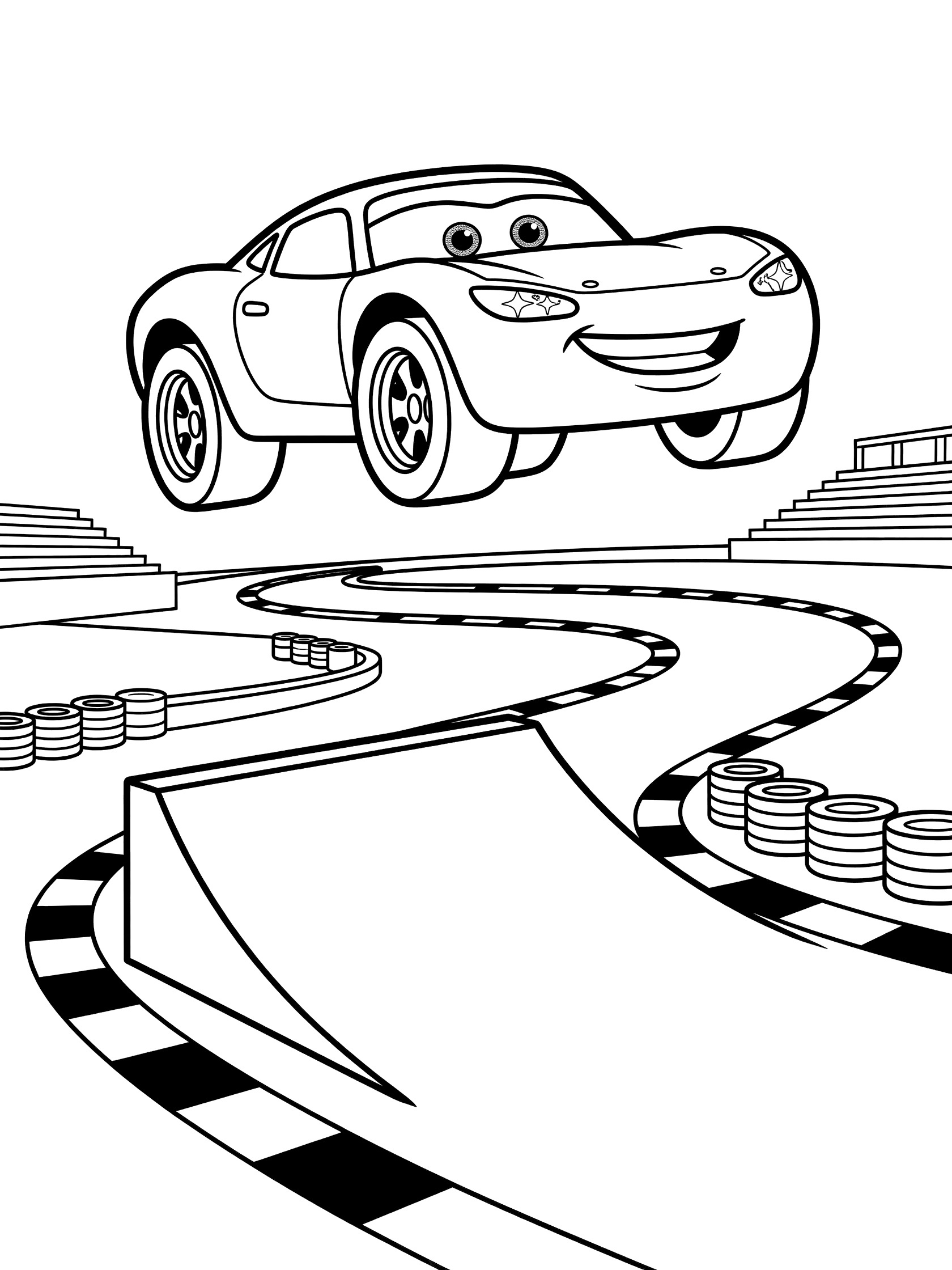 Black and white printable coloring page showing a cute GT race car with big eyes and a grin soaring mid-air over a ramp on a winding track
