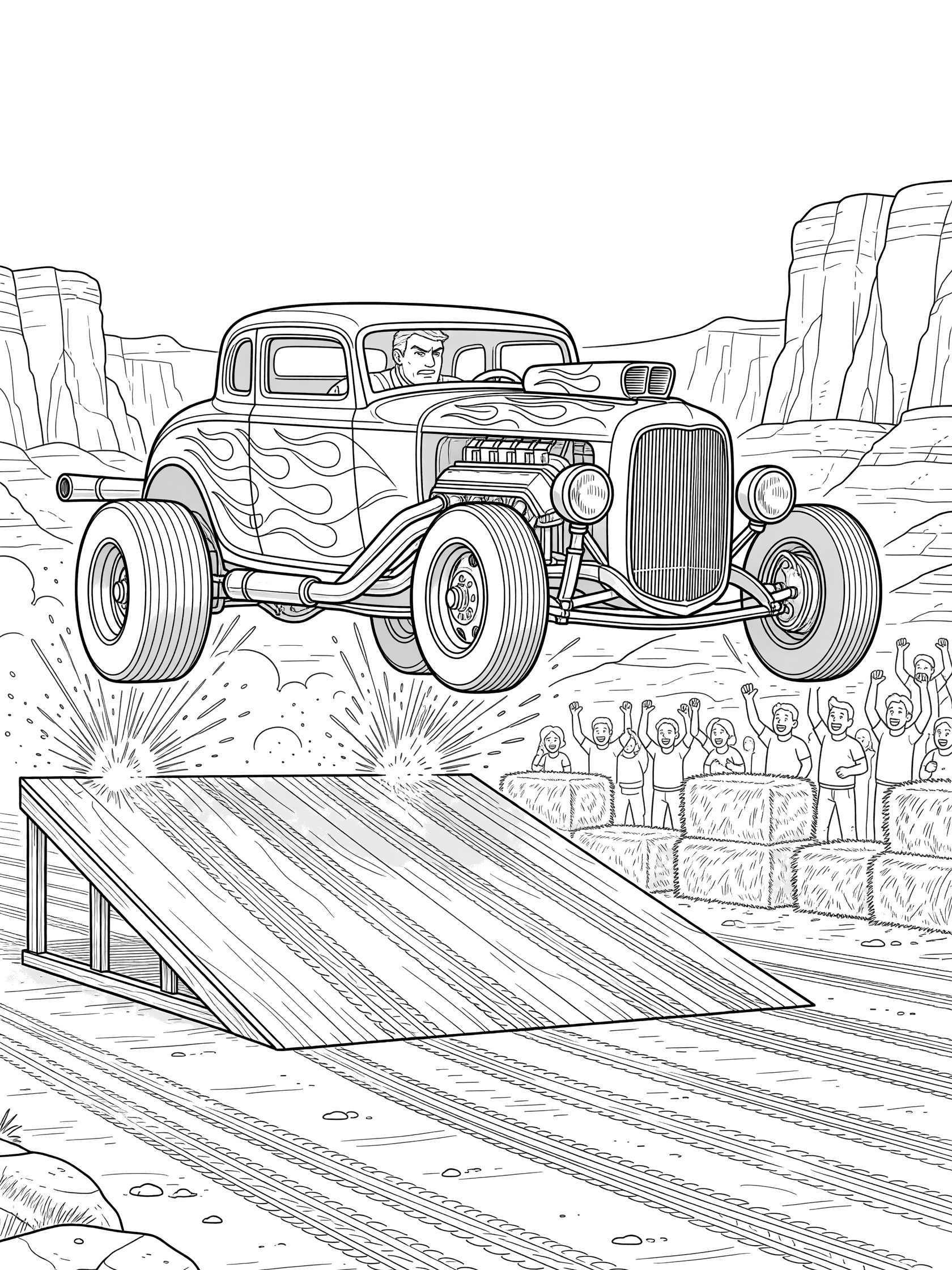 Black and white line art of a hot rod car jumping high over a ramp with flames, exhausts, driver inside, sparks, crowd cheering behind barriers, tire marks, and desert cliffs.