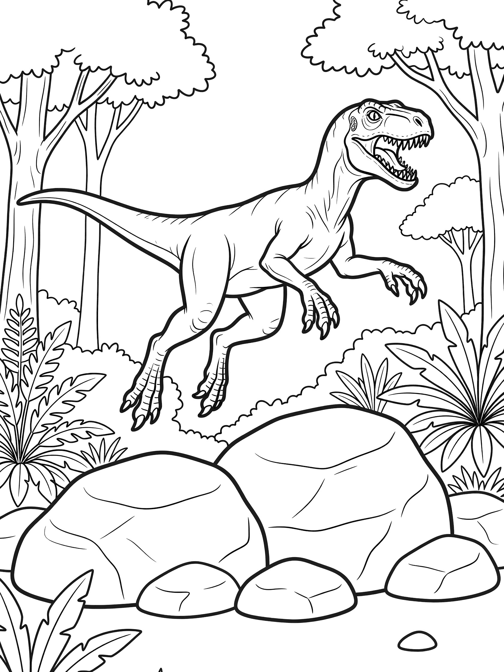 Indoraptor dinosaur in mid-jump over large rocks, surrounded by jungle ferns and trees, bold line art coloring page for kids