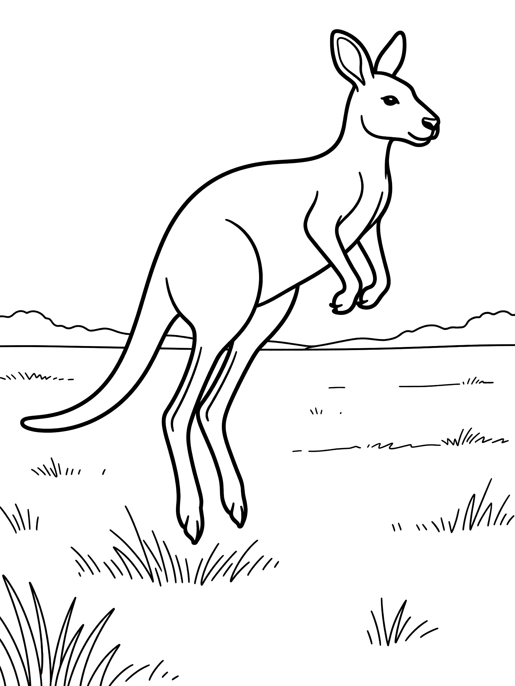 Black and white line art coloring page showing a kangaroo leaping with legs extended, long tail, and ears back, surrounded by grass in an open field.