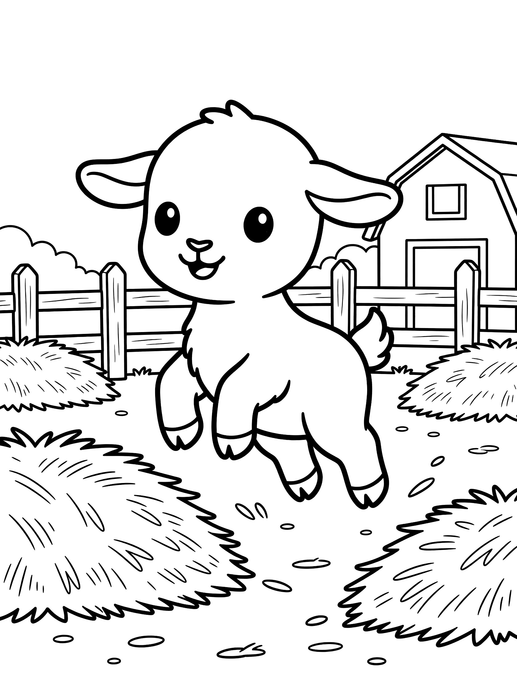 Black and white line art coloring page showing a cute baby lamb jumping joyfully in a farmyard with barn, wooden fence and scattered hay bales. Goats themed black and white printable line art
