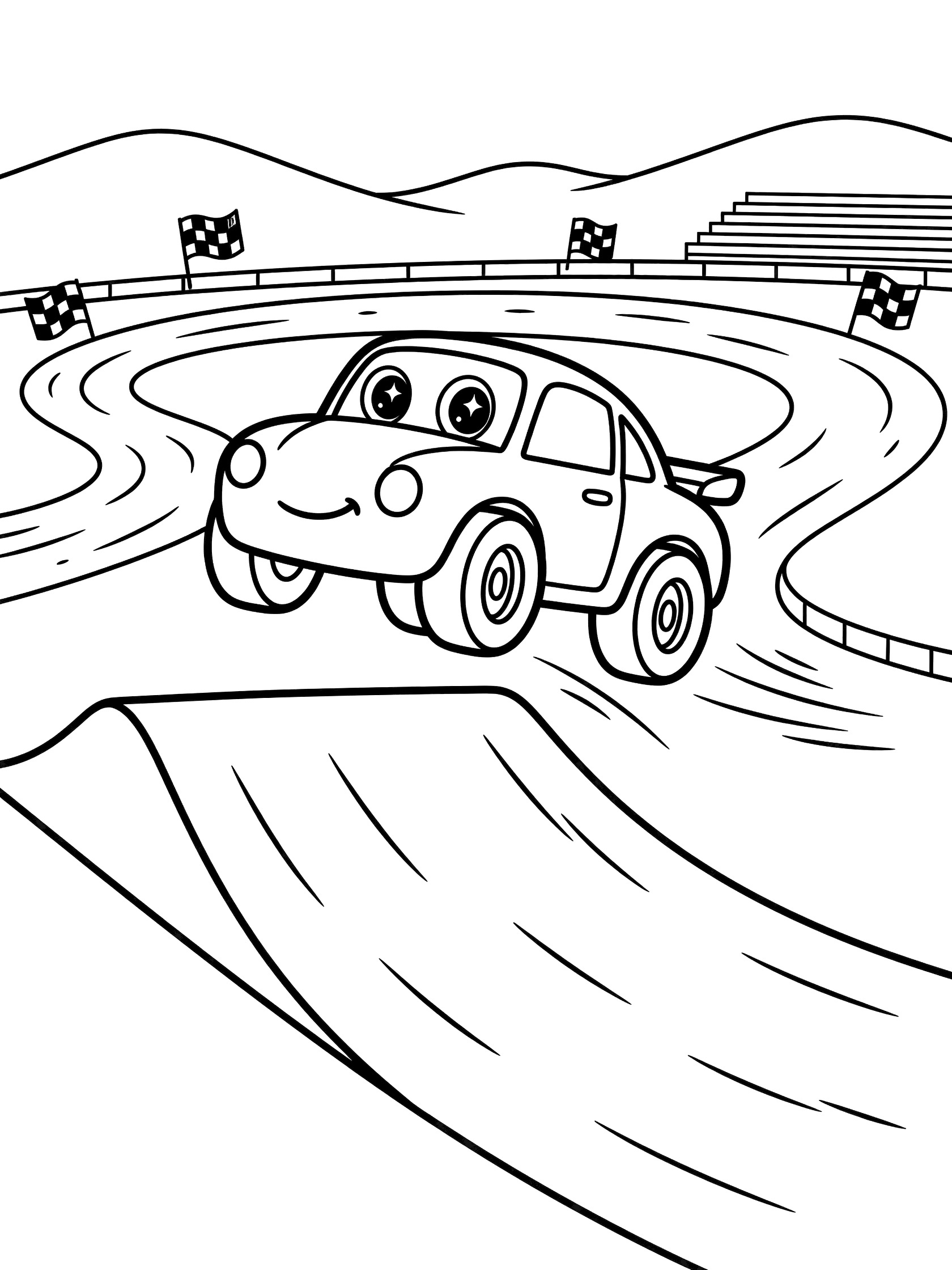 Black and white line art coloring page showing a cute Legend Car with sparkling eyes soaring mid-air over a ramp on a winding dirt track with motion lines, flags, hills and bleachers.
