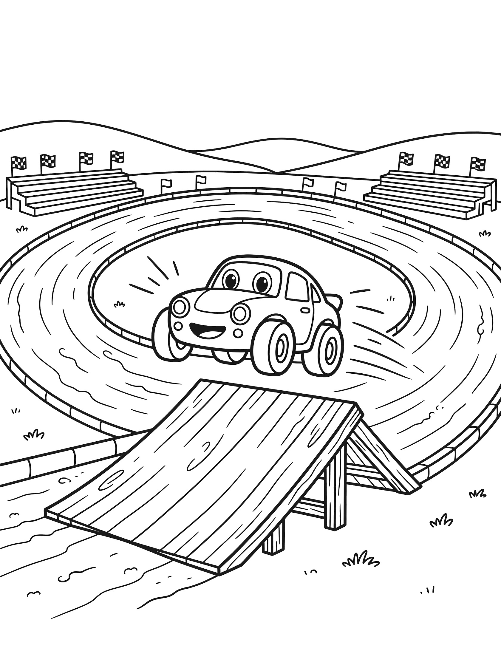 Cartoon midget car with big headlights jumping over steep ramp on winding dirt track, speed lines, bleachers, flags, and hills in black-and-white line art
