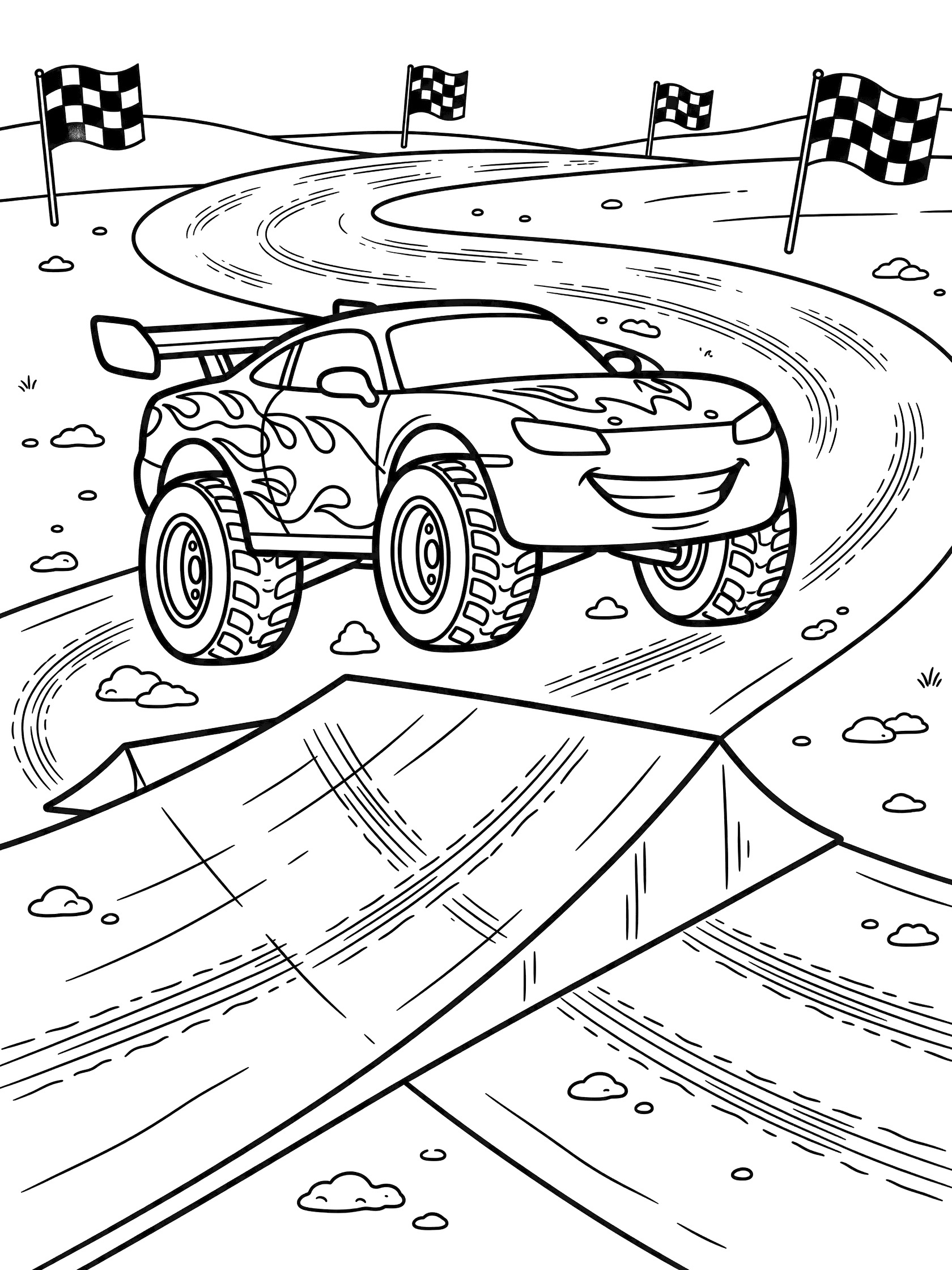 Black-and-white coloring page of a grinning modified race car with oversized knobby tires, flame decals, and massive spoiler soaring over a ramp on a curvy dirt track with checkered flags.