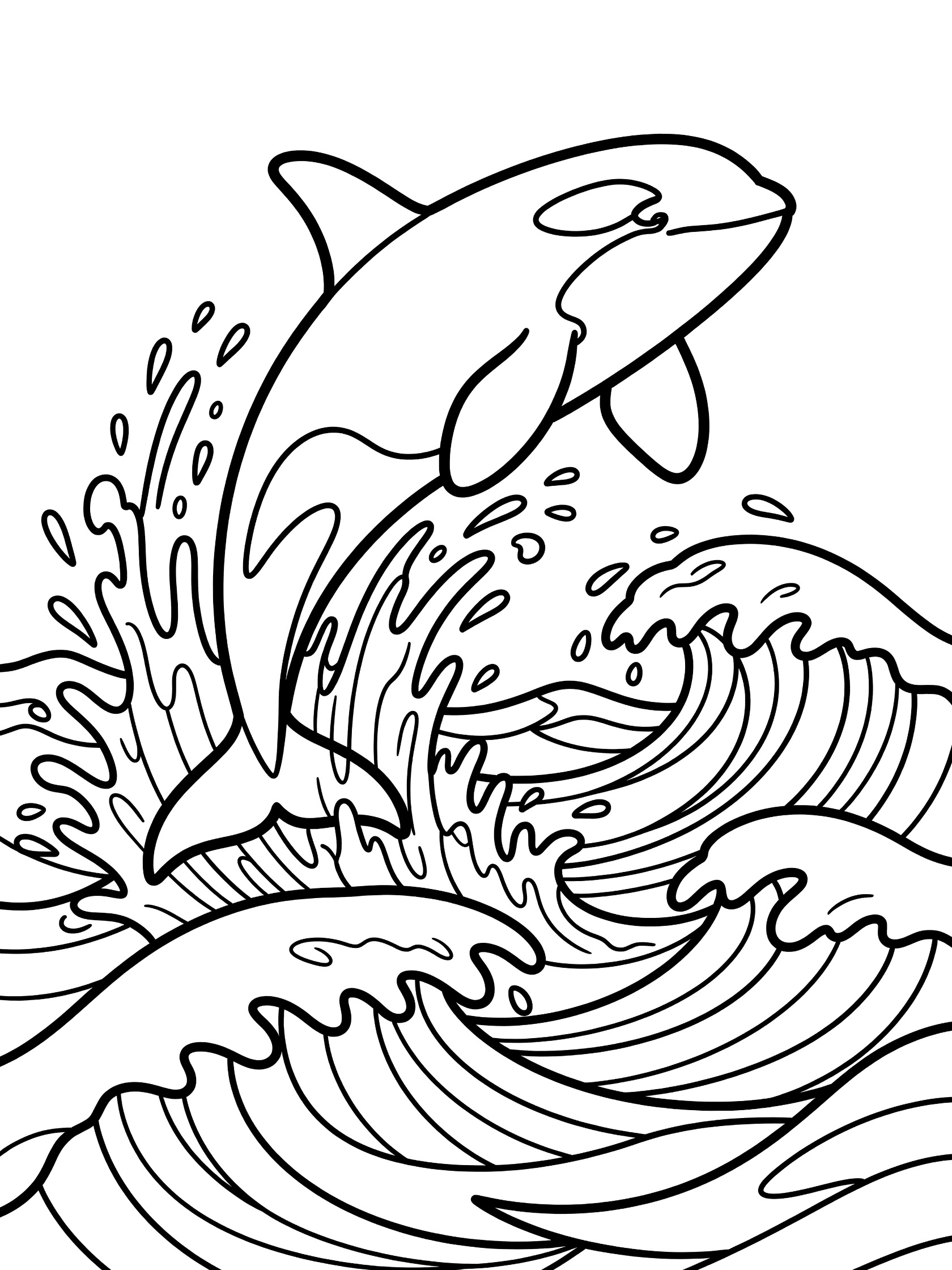 Black and white line art of a killer whale jumping high above splashing waves, coloring book style.