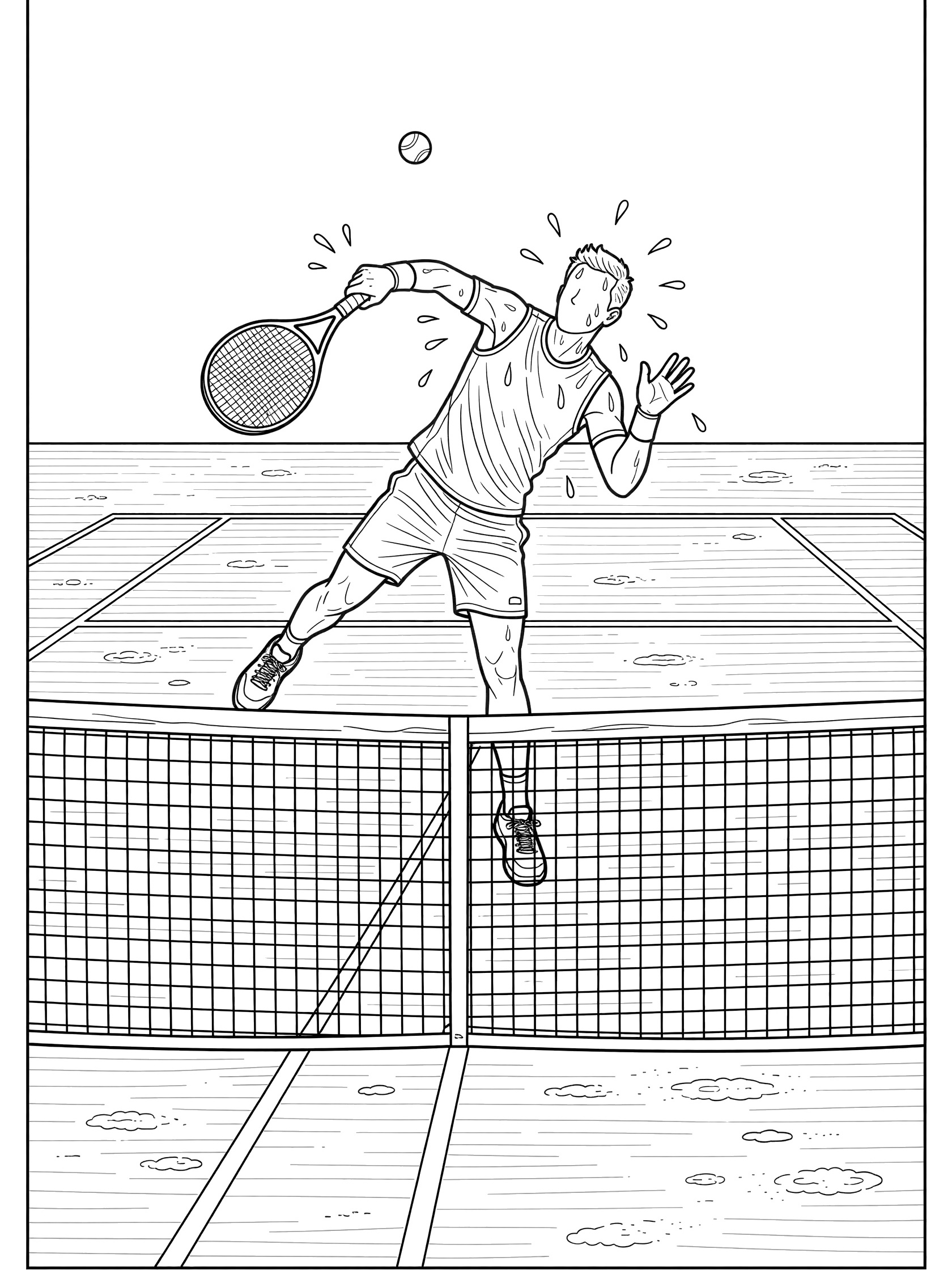 Line art coloring page showing a tennis player leaping for an overhead smash on a clay tennis court near the net with racket, ball, and sweat drops.