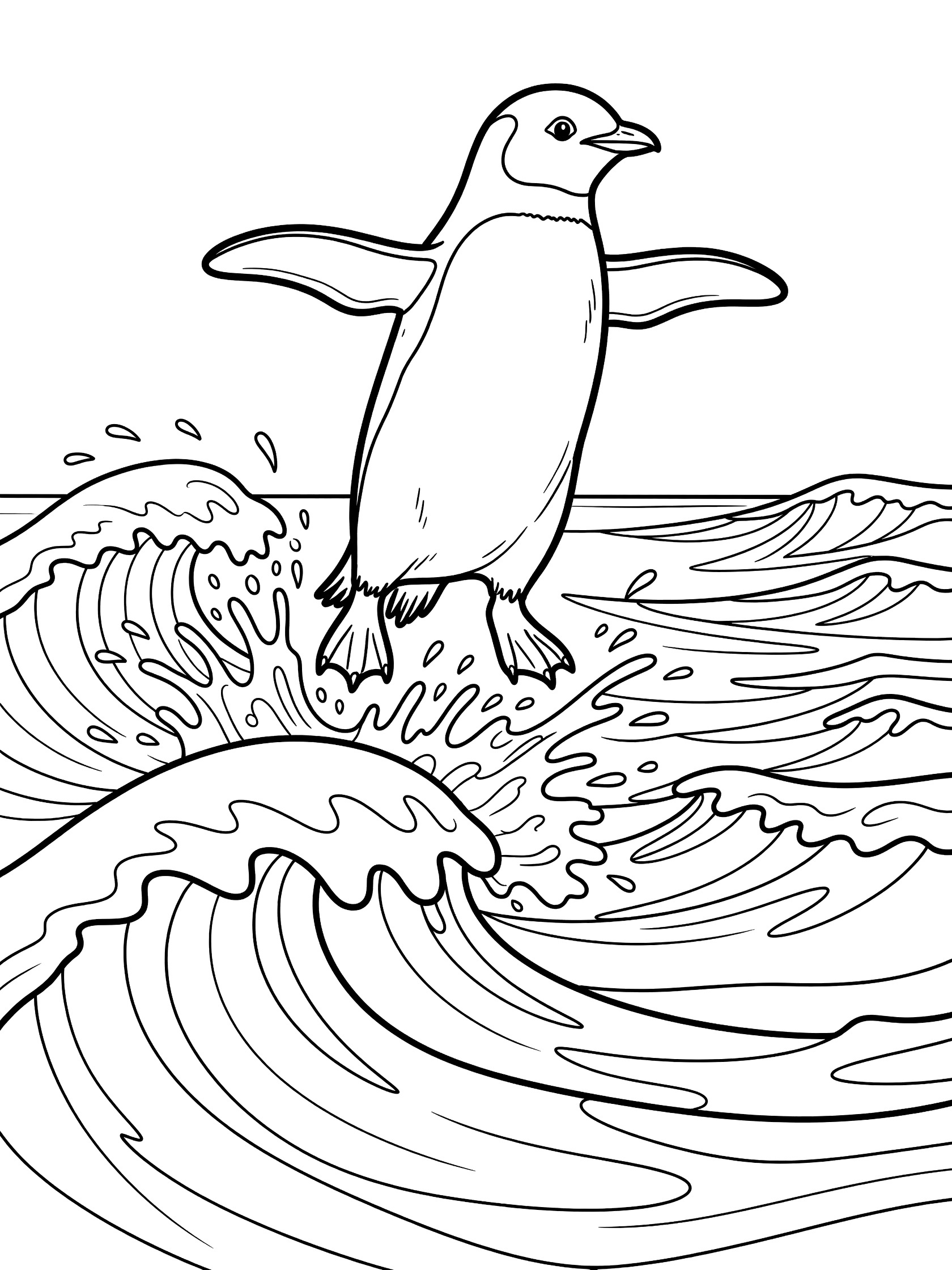 Black and white line art coloring page showing a penguin jumping with flippers outstretched over wavy splashing water.
