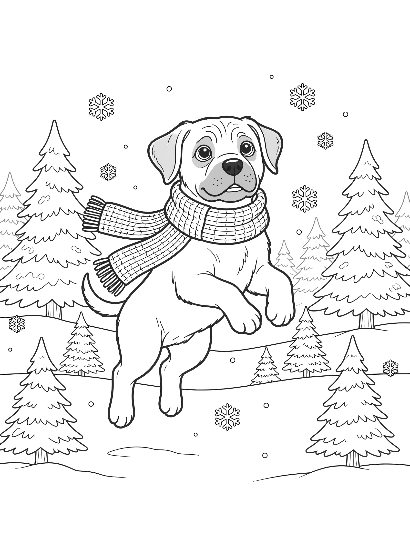Line art coloring page showing a playful Mastiff dog in mid-jump wearing a scarf amid snowy pines and falling snowflakes