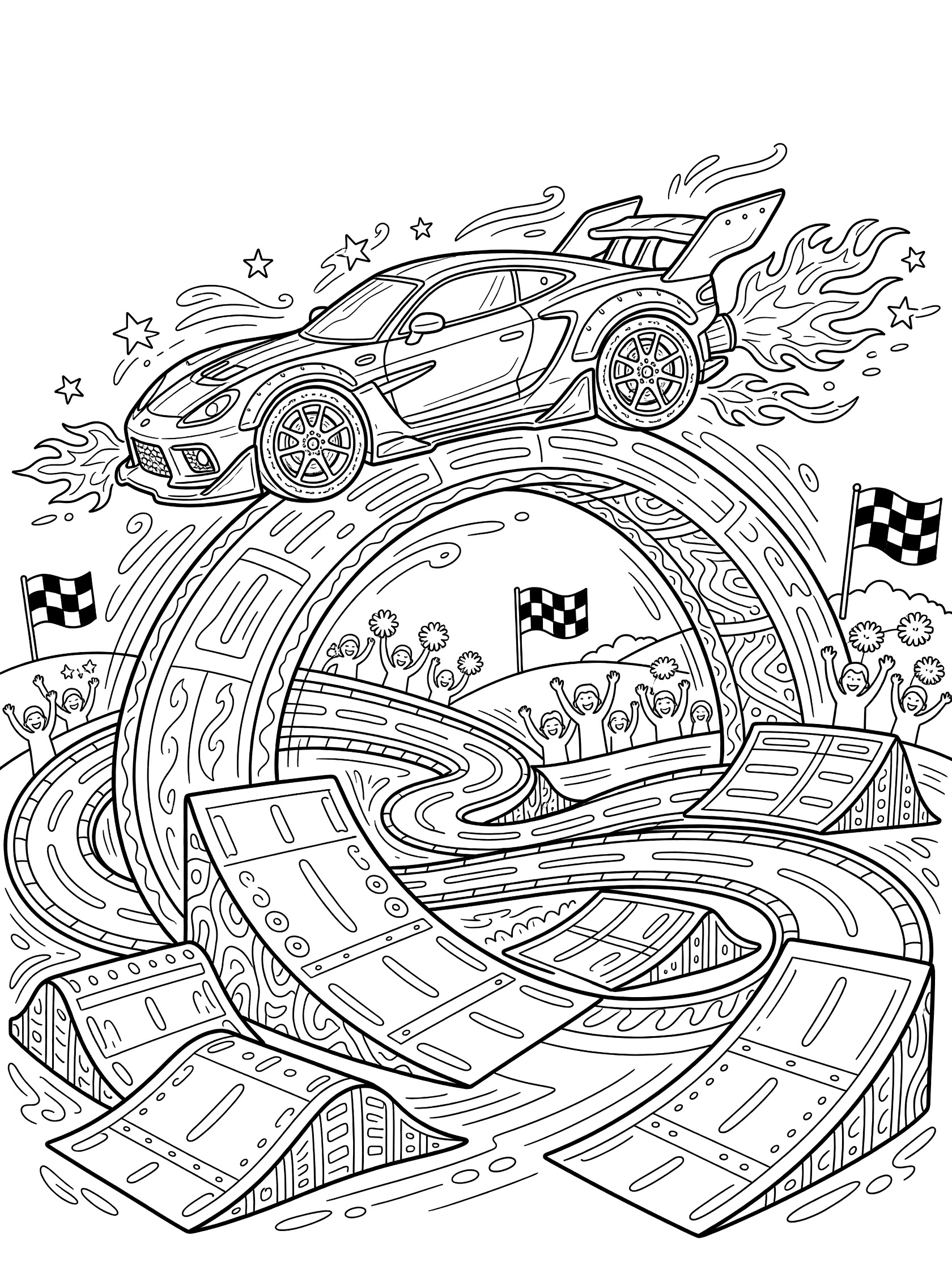 Doodle-style line art of a sleek race car mid-jump over a massive ramp on a curvy racetrack, with exhaust flames, spoiler, crowds, and waving checkered flags.