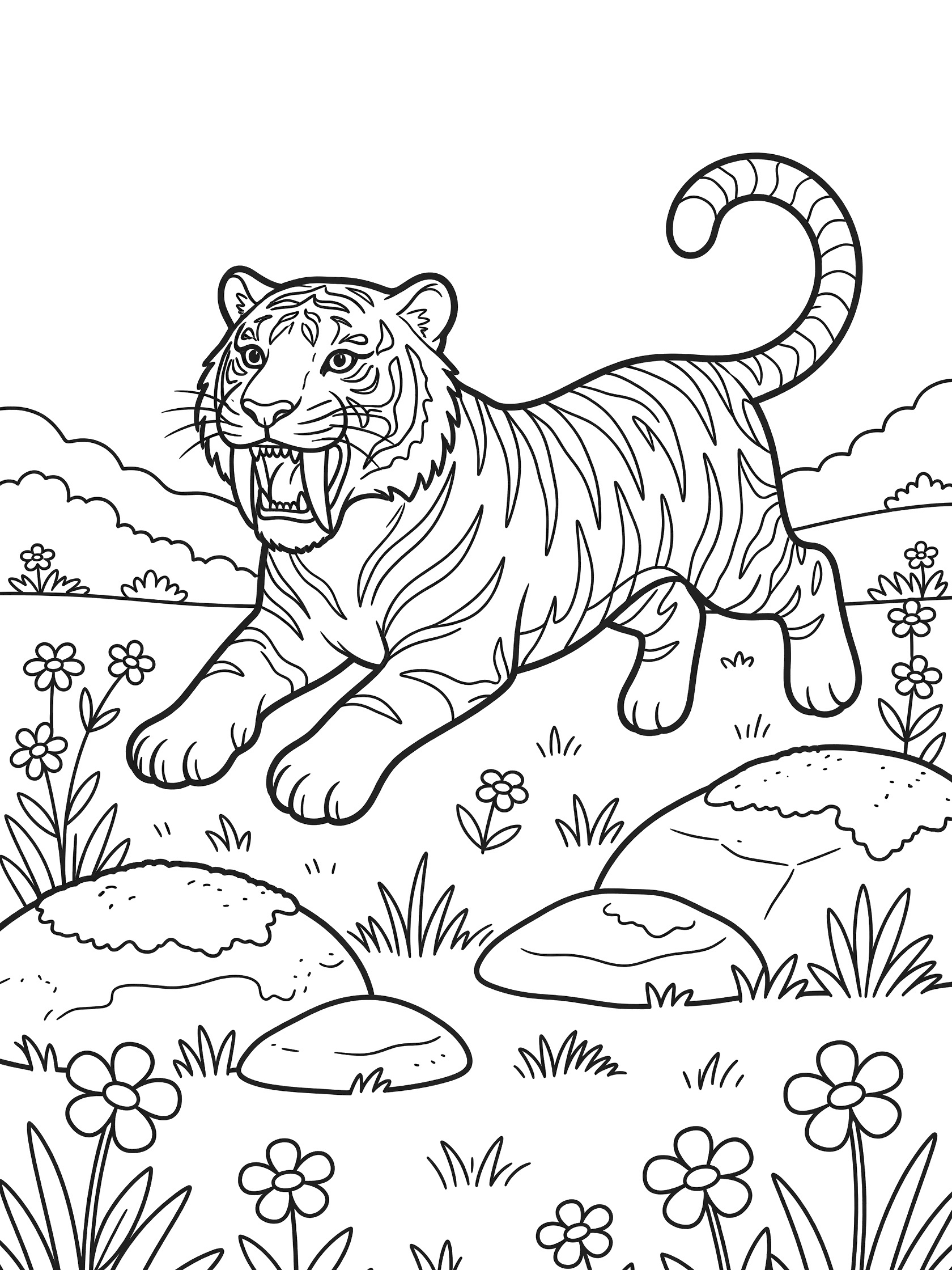 Black and white line art of a saber-toothed tiger leaping playfully over mossy rocks in a sunny meadow with wildflowers and grass.