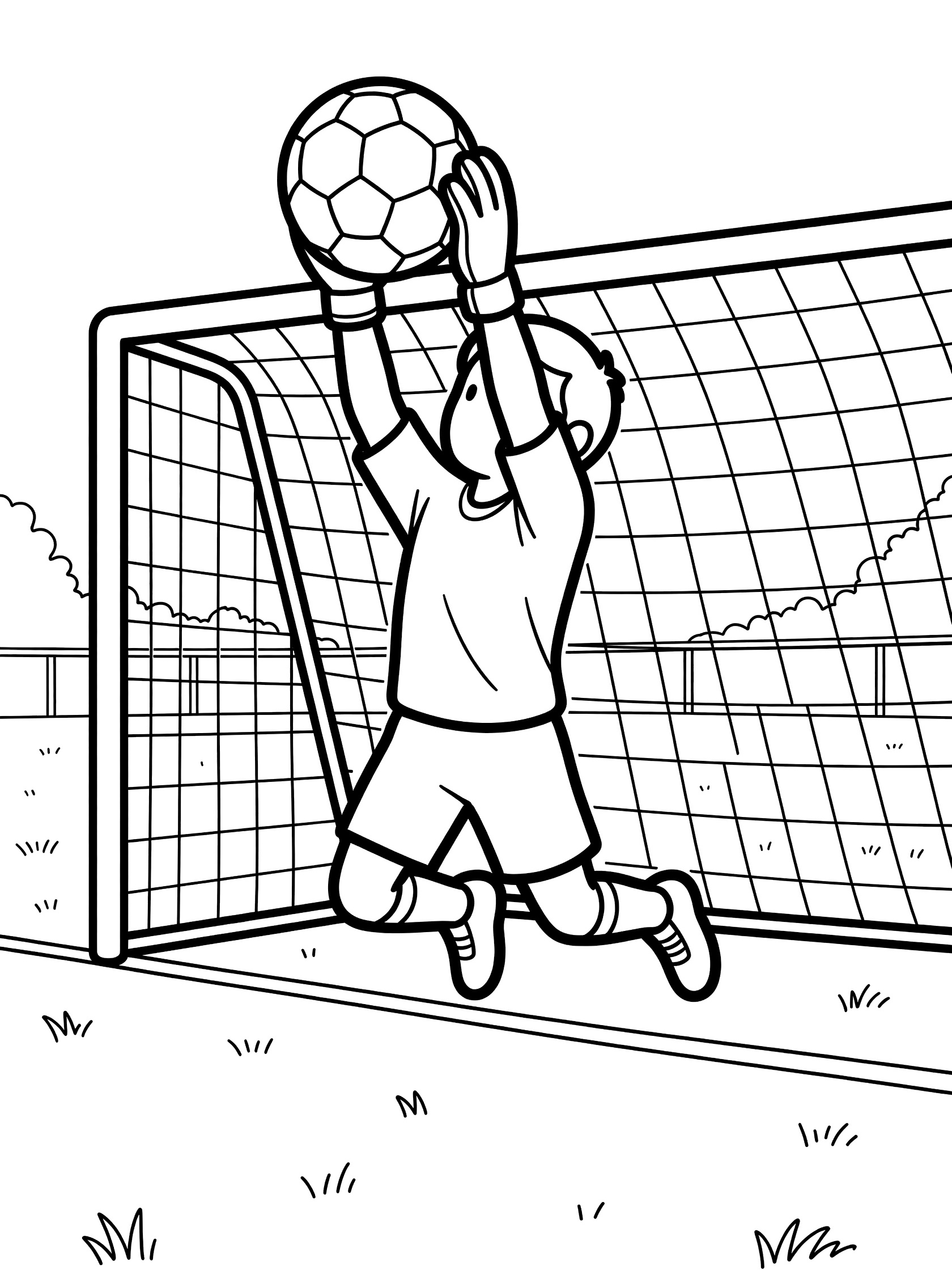Black and white line art of a soccer goalie leaping high to save the ball during a corner kick, arms outstretched clutching the soccer ball in gloves, goal net behind him on a field.
