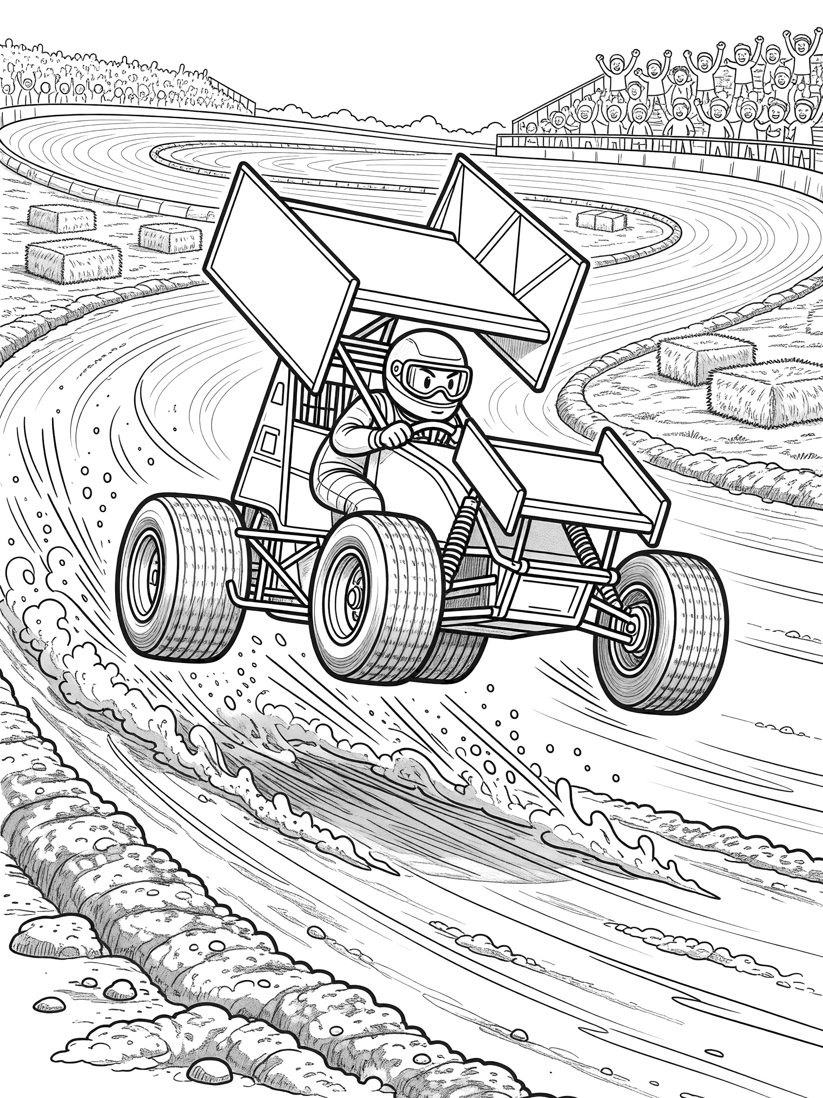Doodle-style line art coloring page showing a sprint car mid-jump over a dirt berm, with driver leaning forward, speed lines, track, hay bales, and grandstands.
