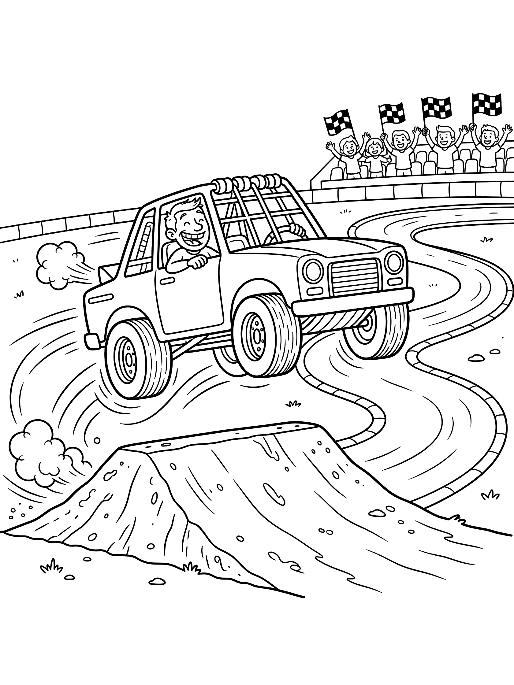 Doodle-style street stock race car jumping over steep dirt ramp on racetrack, wheels off ground, motion lines, exhaust, rolled cage, happy driver, grandstand with fans waving flags