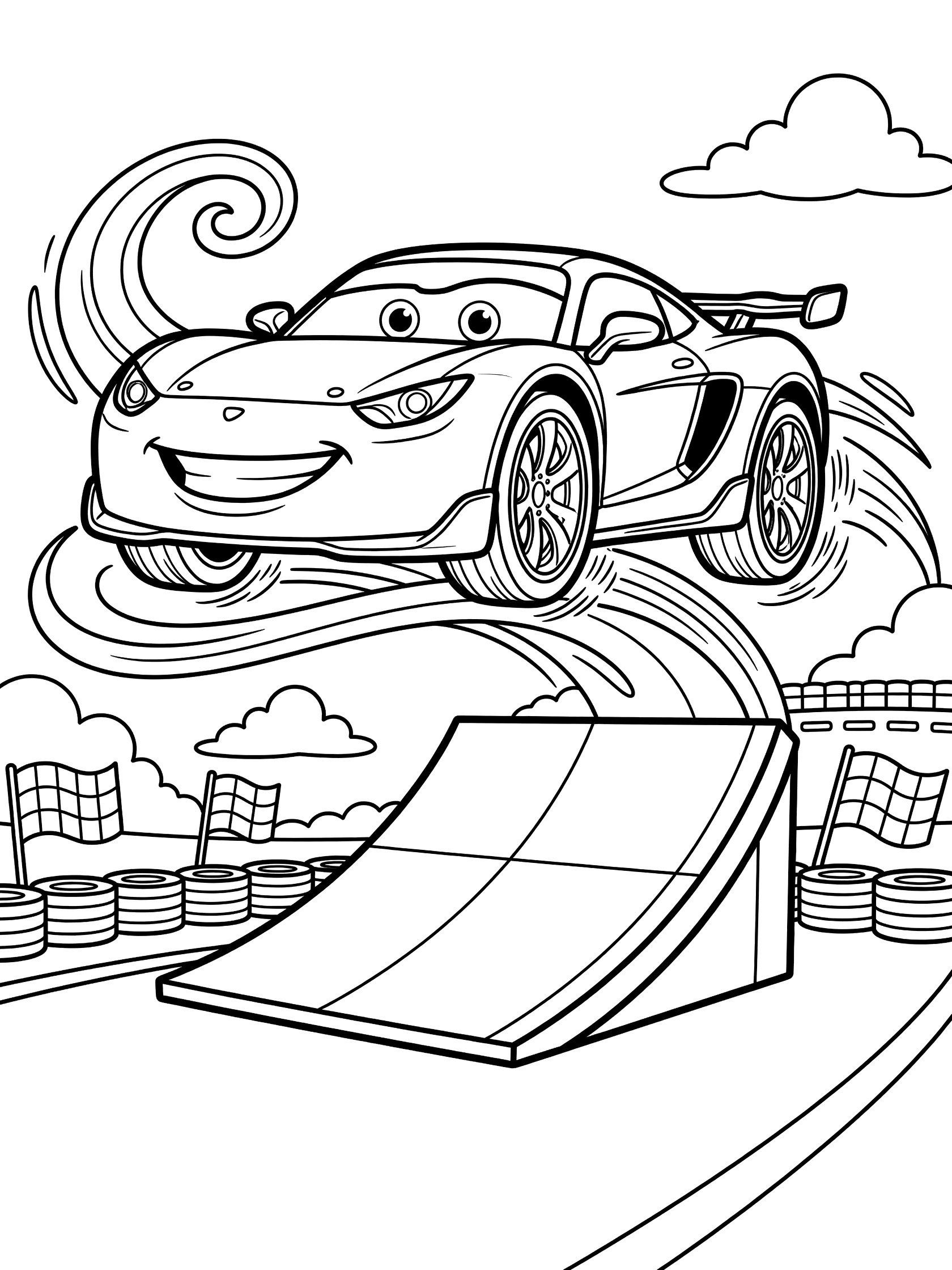Cute cartoon supercar with expressive eyes and grinning grille jumping high over a massive curved ramp, wheels spinning, above racetrack with flags and tires, speed lines and clouds, detailed line art coloring page