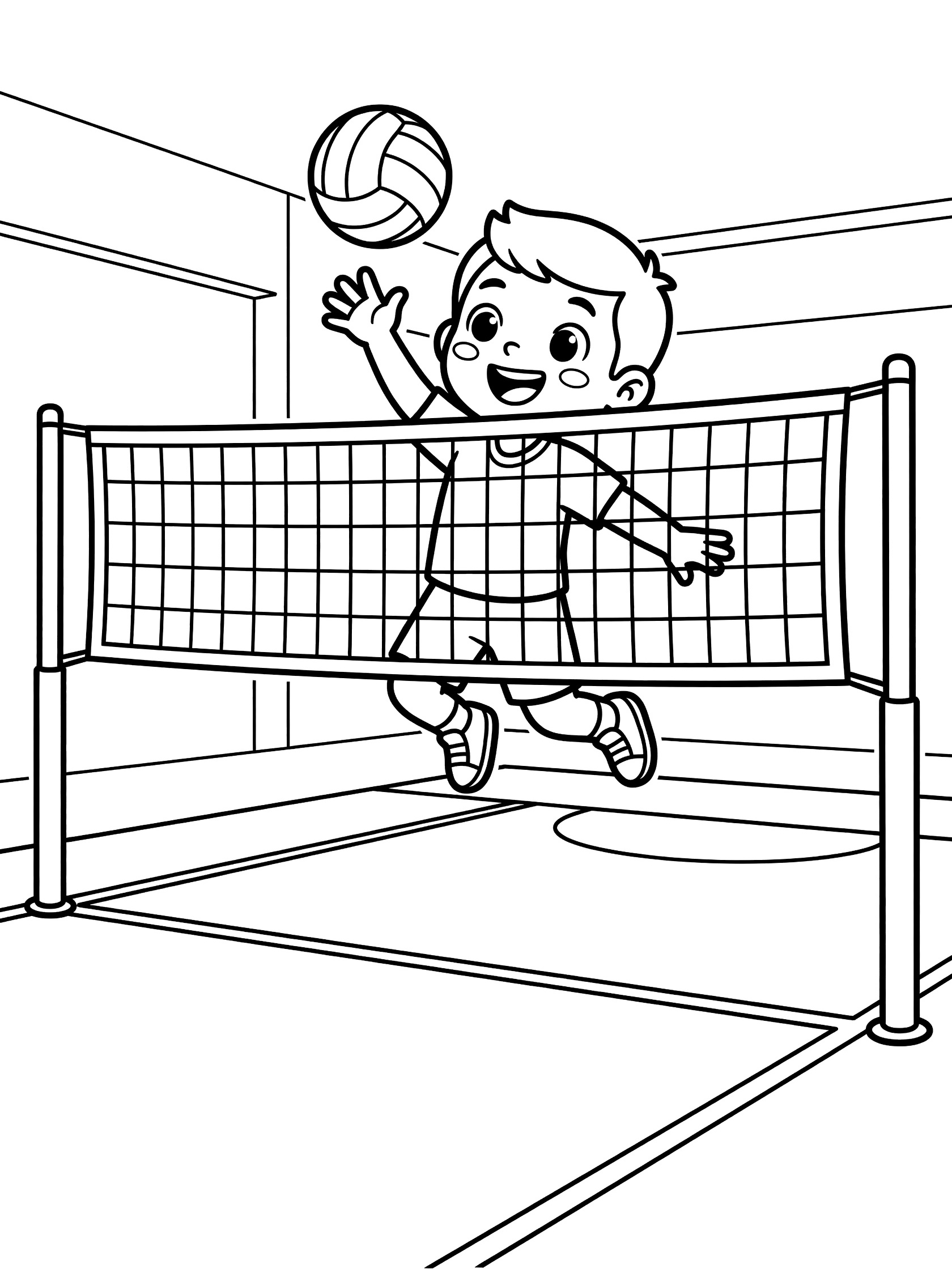 Cute cartoon volleyball player jumping high above the net to spike the ball downward, with gym court lines and net poles in clean black and white line art.