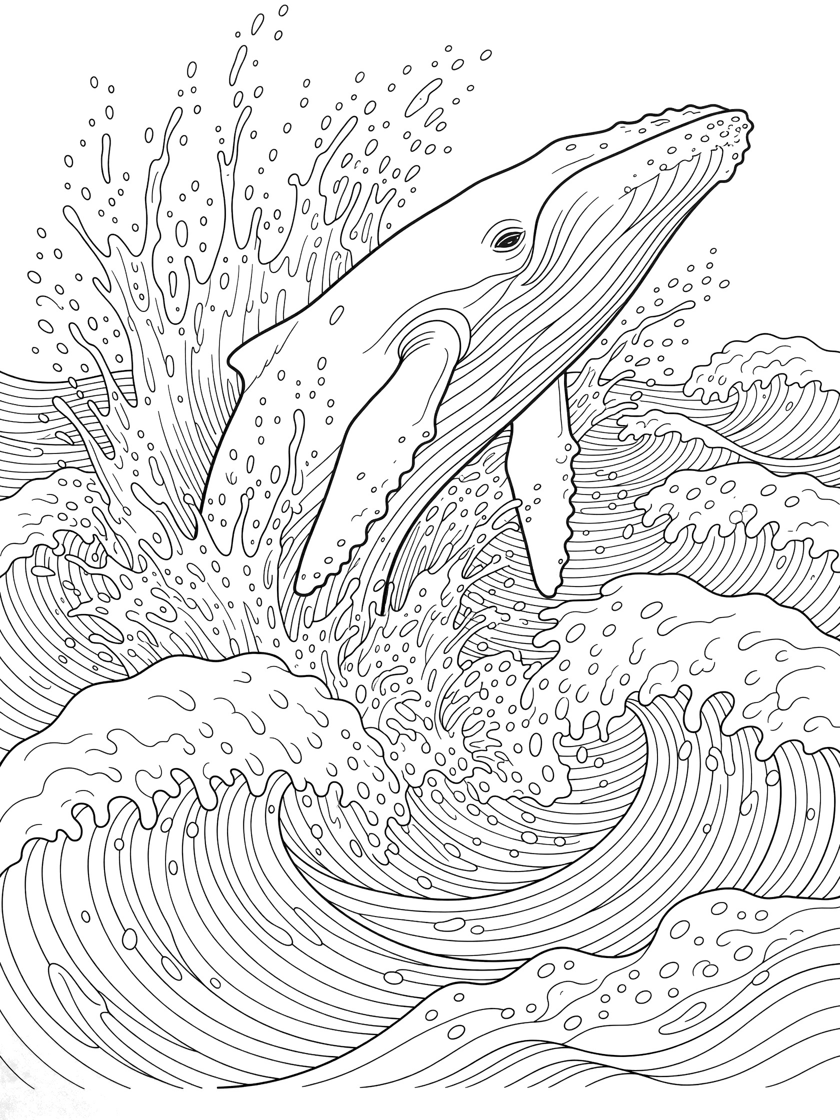 Black and white line art coloring page showing a whale breaching the ocean surface with flying water droplets and crashing waves.