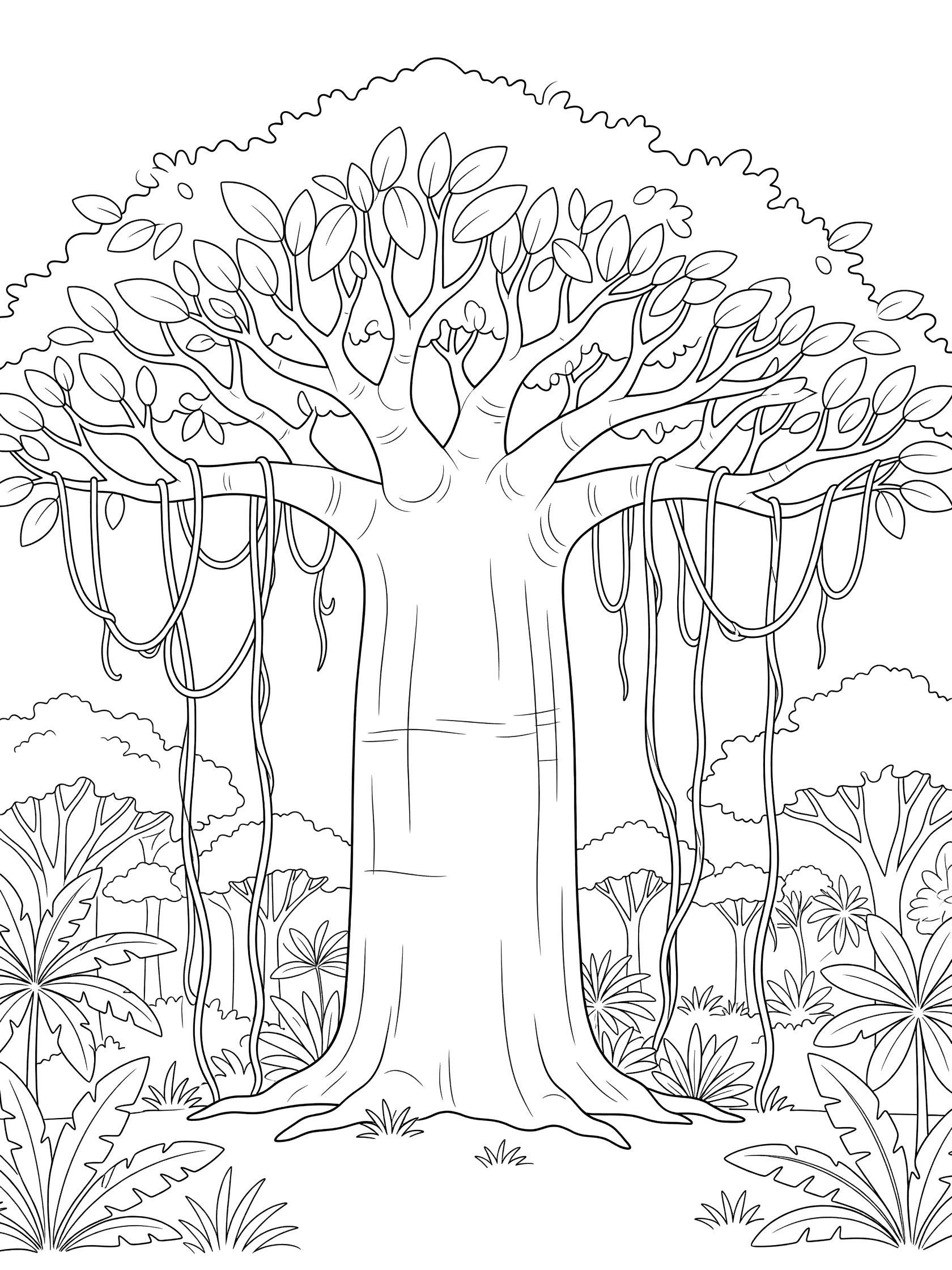 Black and white line art of a large baobab tree with thick trunk, spreading branches with leaves, hanging vines, and jungle plants around the base. African Jungle themed black and white printable line art