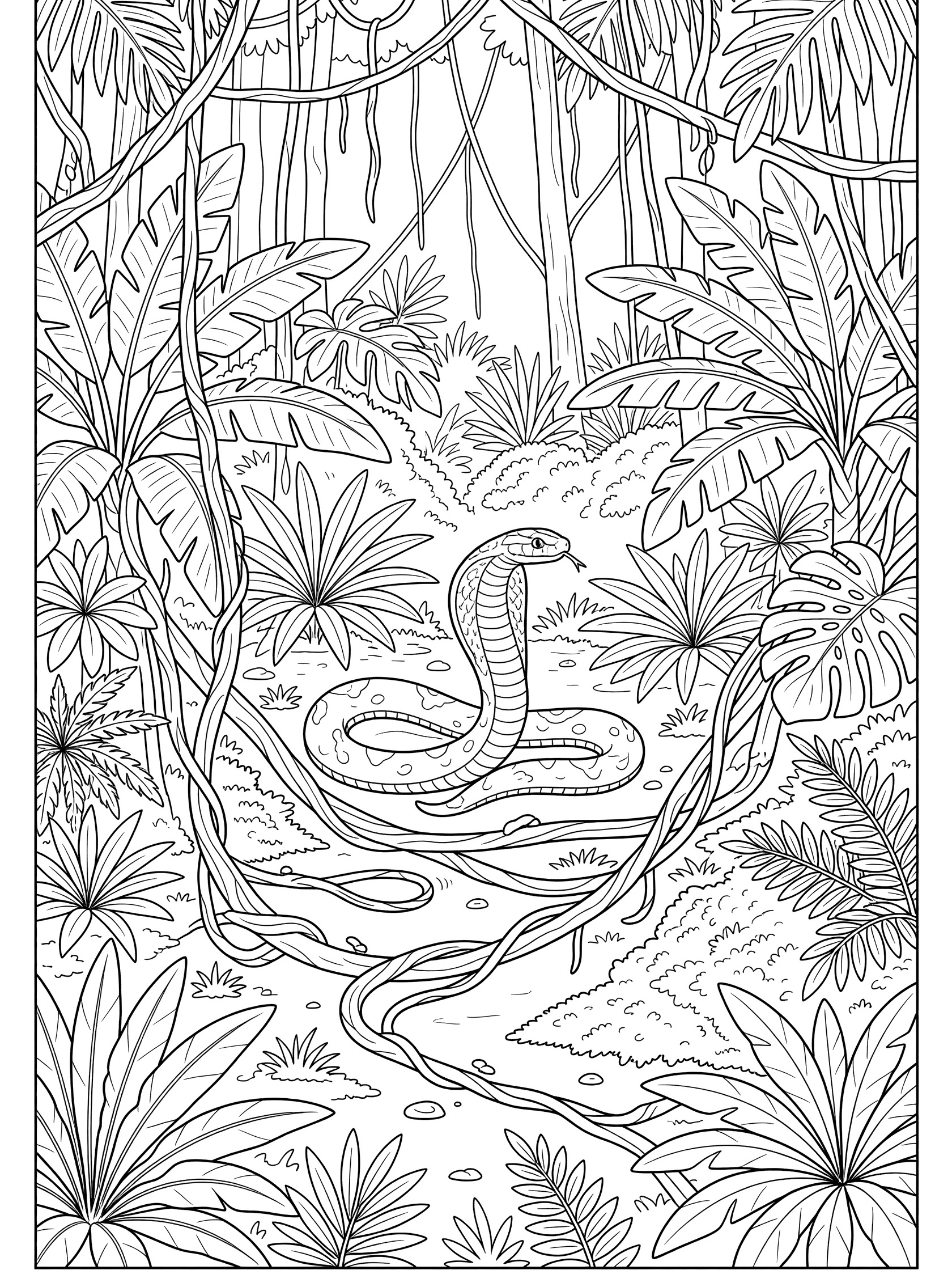 Black and white line art coloring page of a cobra snake in jungle with vines and large leaves