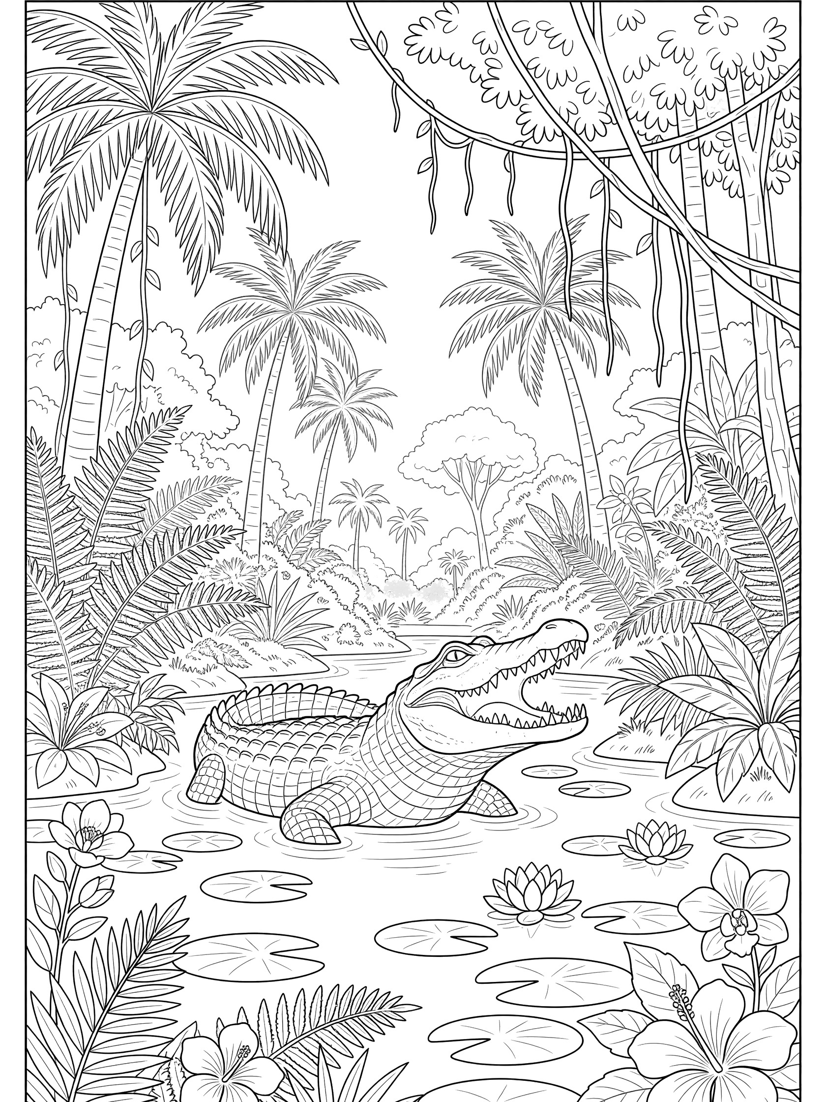 Black-and-white coloring page of a crocodile with open mouth in a jungle lagoon surrounded by palm trees, ferns, vines, lily pads, and tropical flowers.