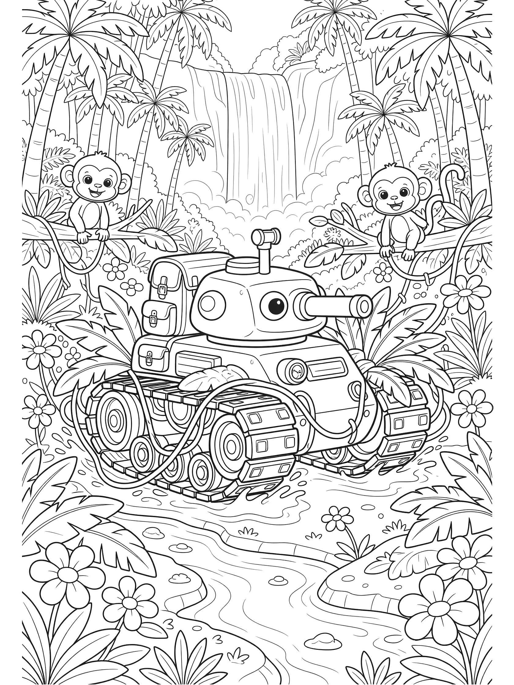 Cute jungle explorer tank coloring page with big round eyes on the turret, oversized treads crossing a stream, monkeys in trees, vines, flowers, palm trees and misty waterfall.