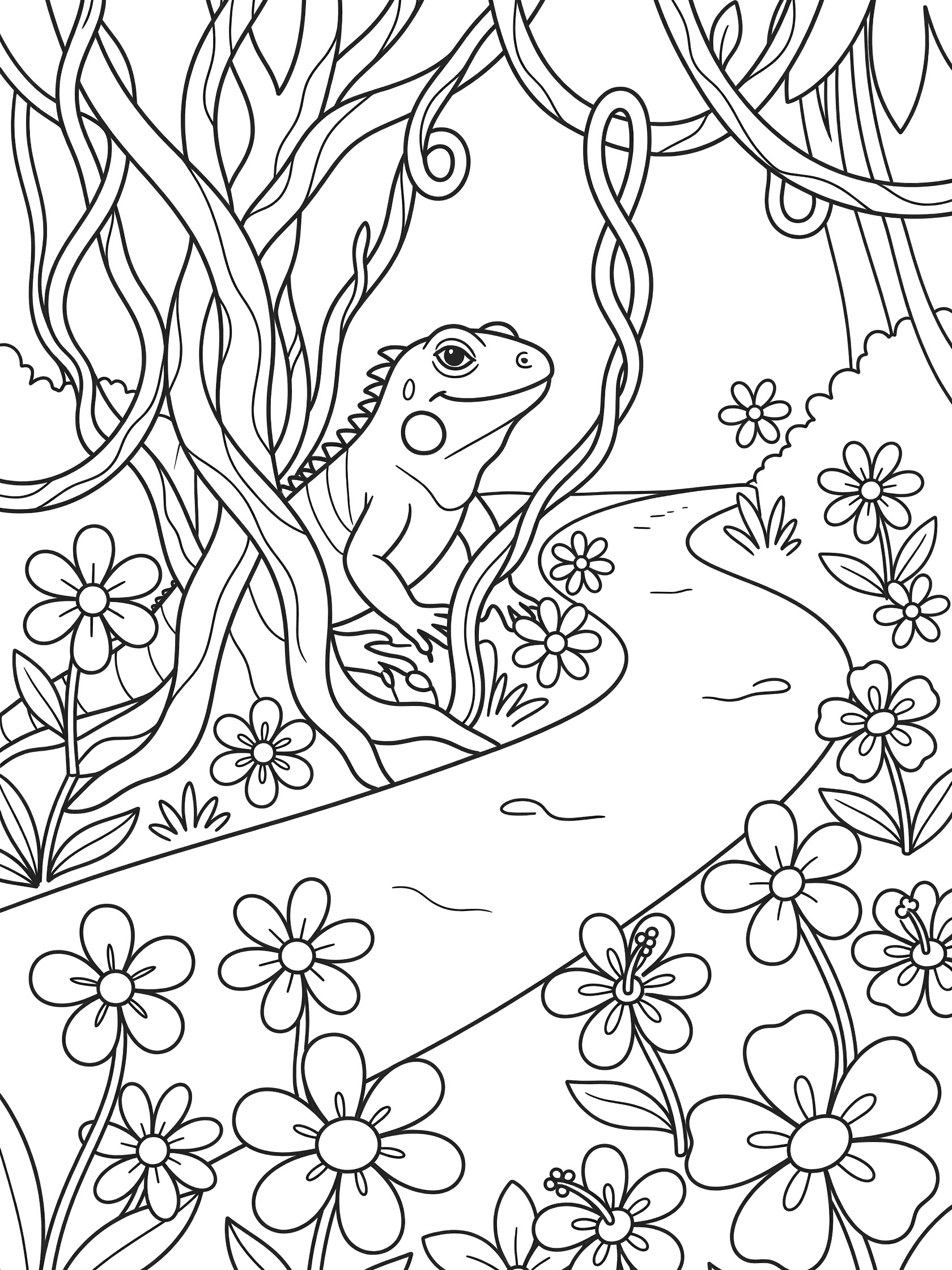 Black and white line art coloring page showing a frog on a winding jungle path surrounded by vines and scattered flowers. Iguana themed black and white printable line art