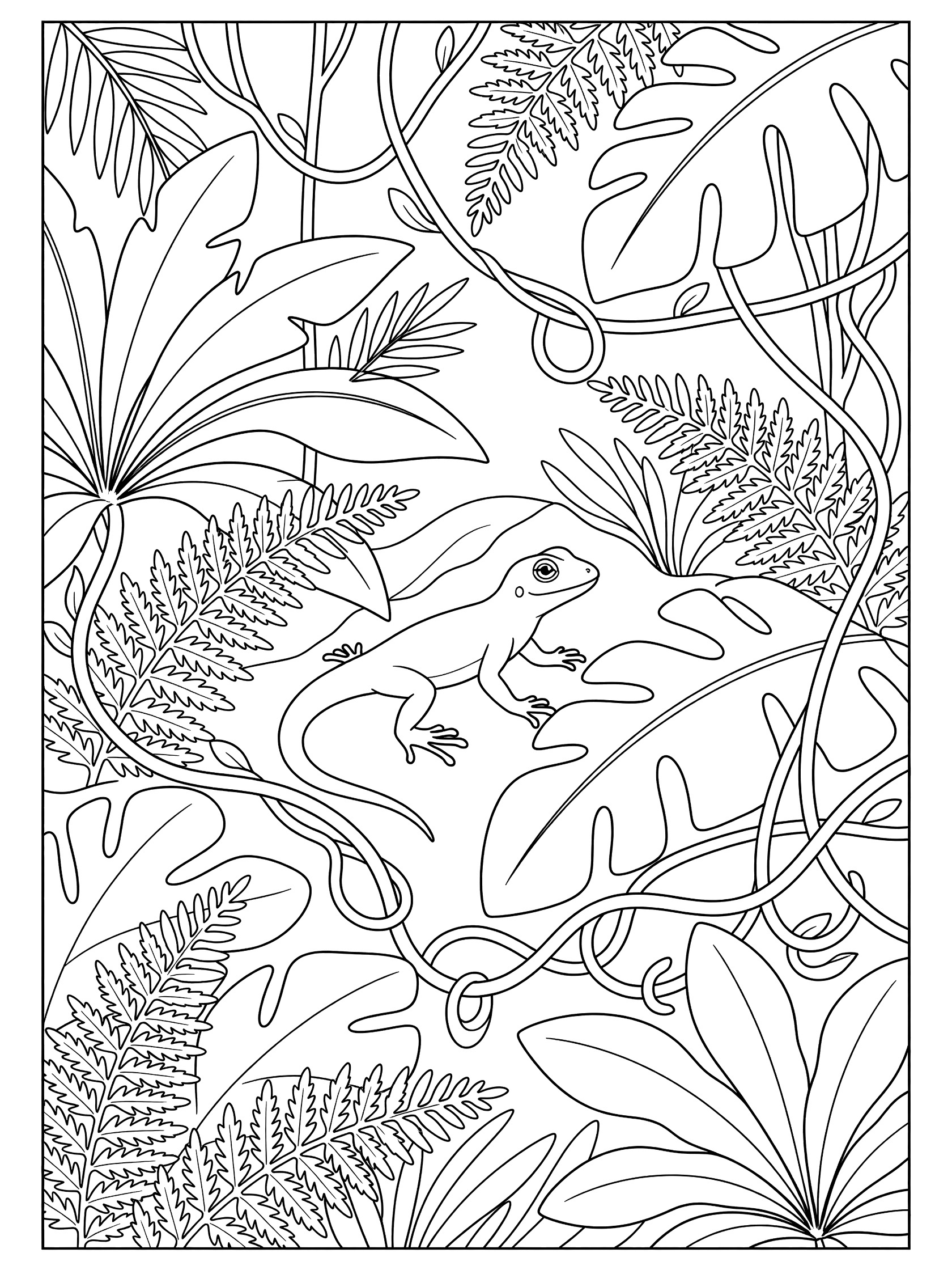 Black and white line art coloring page showing a gecko lizard crawling on large leaves with ferns and twisting vines in a jungle scene.