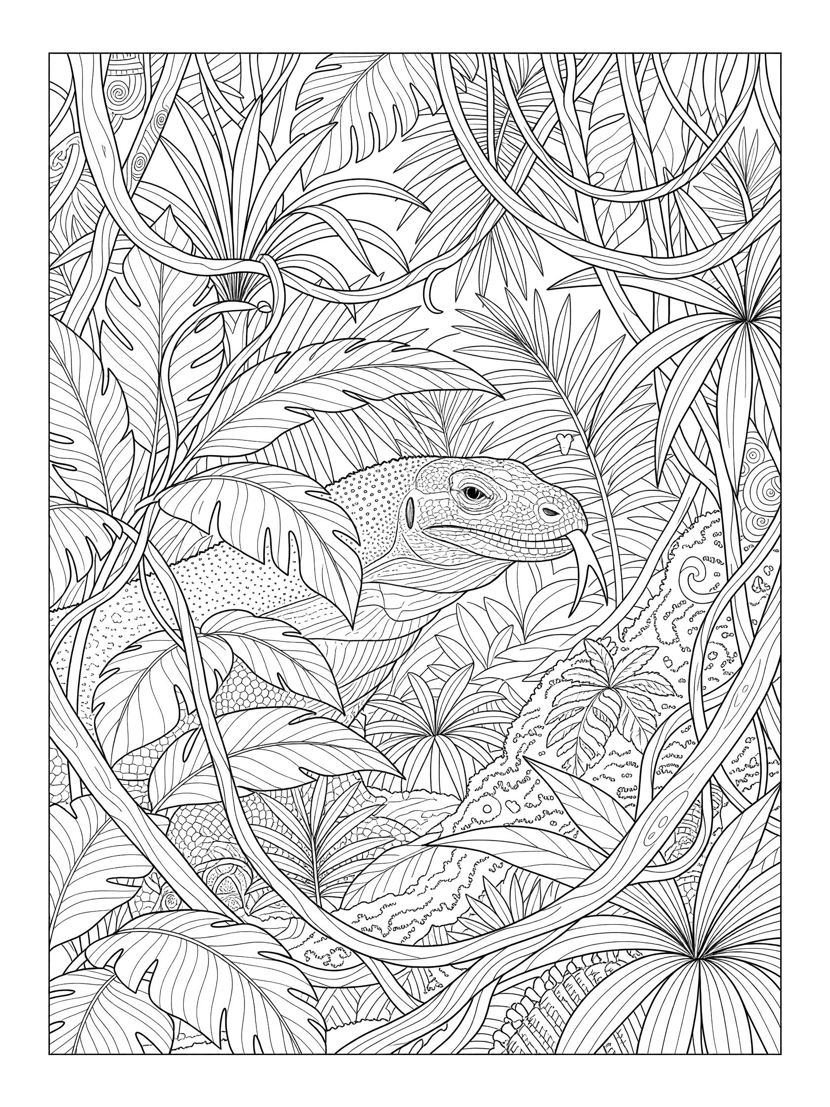 Black and white coloring page of a lizard with scaly skin and forked tongue hiding in jungle leaves and vines. Komodo Dragon themed black and white printable line art