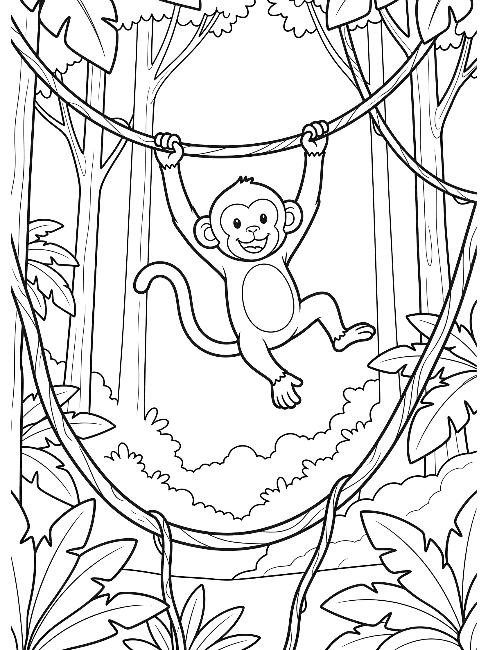 Black and white line art coloring page showing a happy monkey swinging on vines surrounded by jungle trees and large leaves