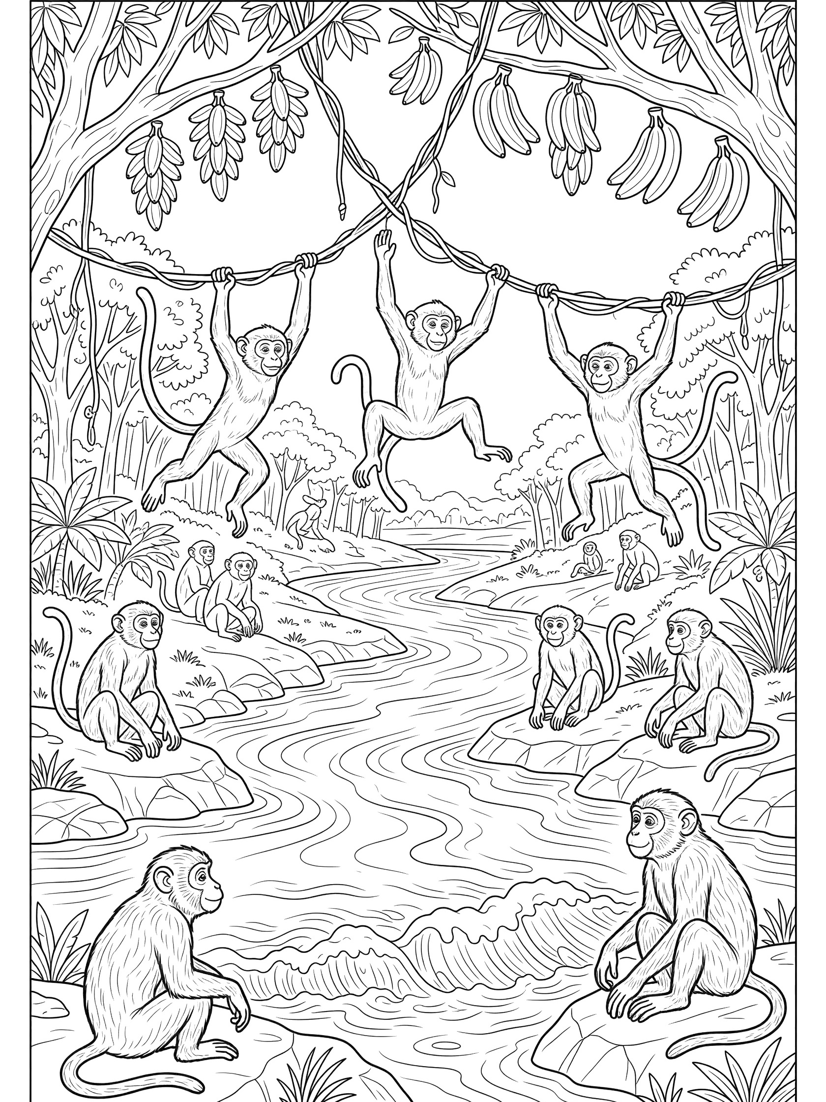 Black and white line art coloring page showing monkeys swinging on vines over a winding river, with more monkeys sitting on rocky banks and bananas hanging from branches. Amazon River themed black and white printable line art