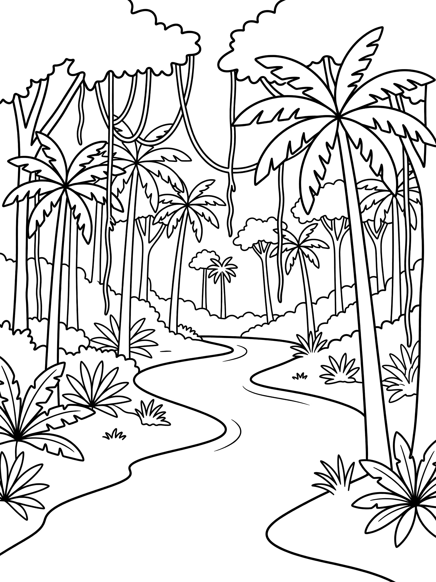 Black and white line art coloring page showing a curving river path winding through tall palm trees, hanging vines, and jungle plants on a white background. Congo River themed black and white printable line art