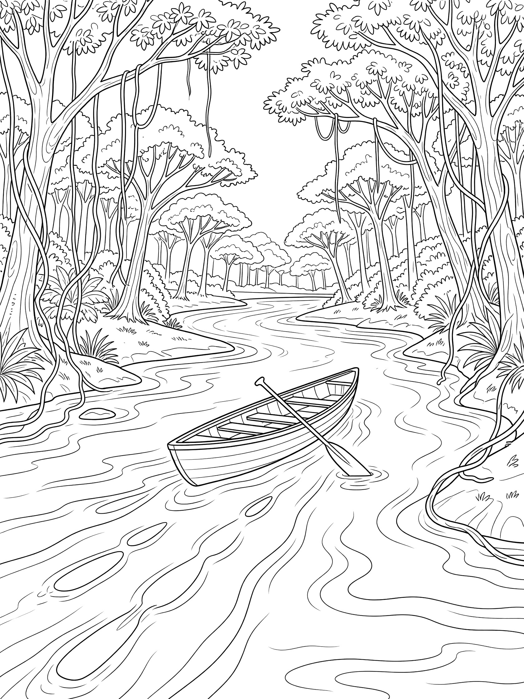 Black and white line art of a canoe paddling down a curvy river through dense jungle trees and hanging vines. Amazon River themed black and white printable line art