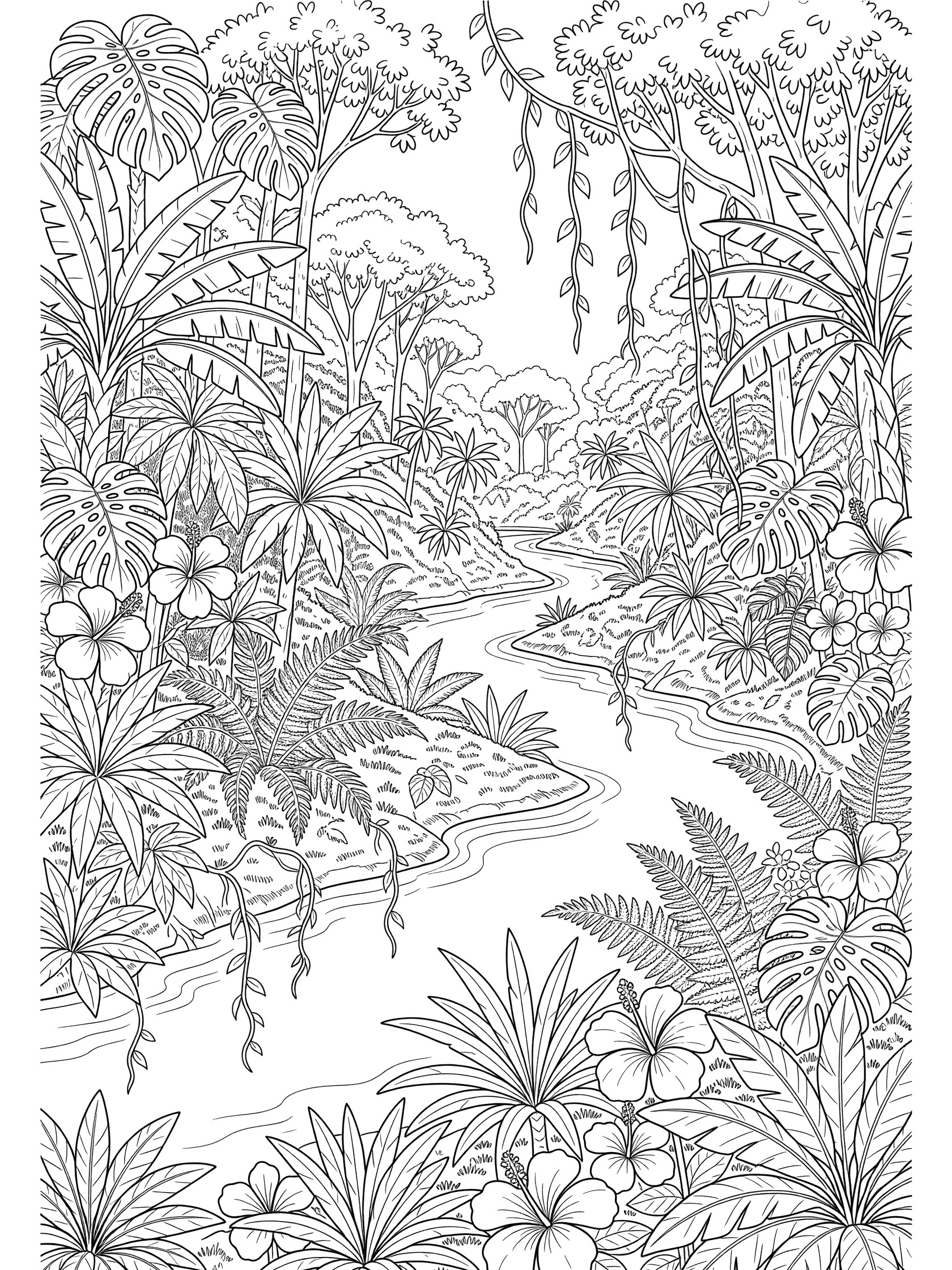 Black and white line art of a jungle stream winding through dense tropical plants, giant leaves, ferns, hanging vines, and blooming flowers. Congo River themed black and white printable line art