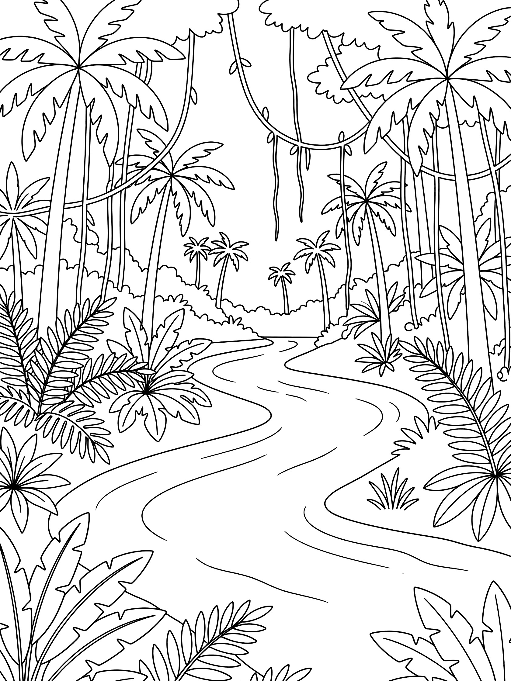 Black and white line art coloring page of a wide river curving between jungle banks lined with palm trees, vines, ferns, and large leaves. Amazon River themed black and white printable line art