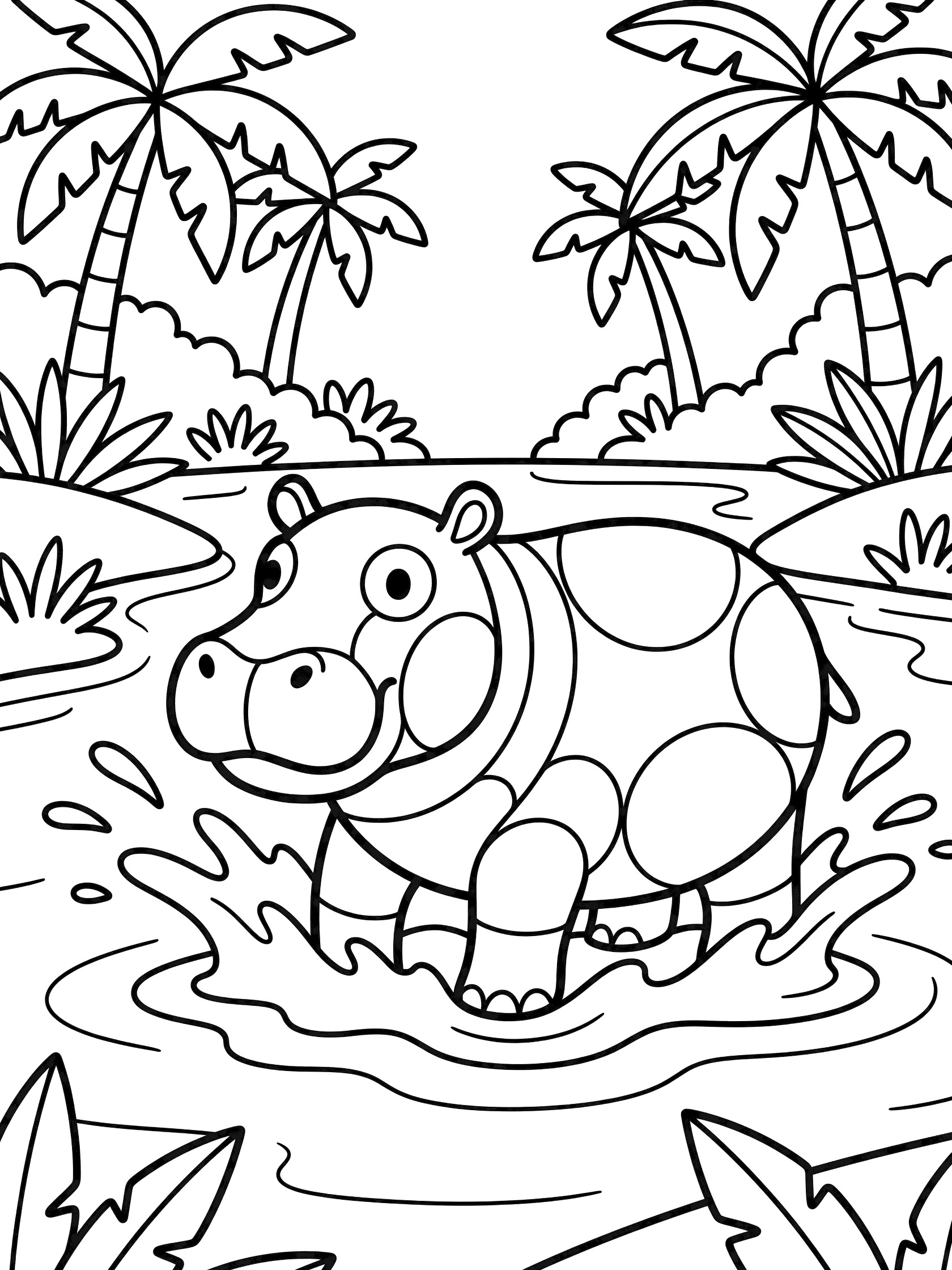 Black and white printable coloring page showing a happy hippo with spots splashing in water near a jungle river, surrounded by tall palm trees and green leaves. Hippopotamus themed black and white printable line art