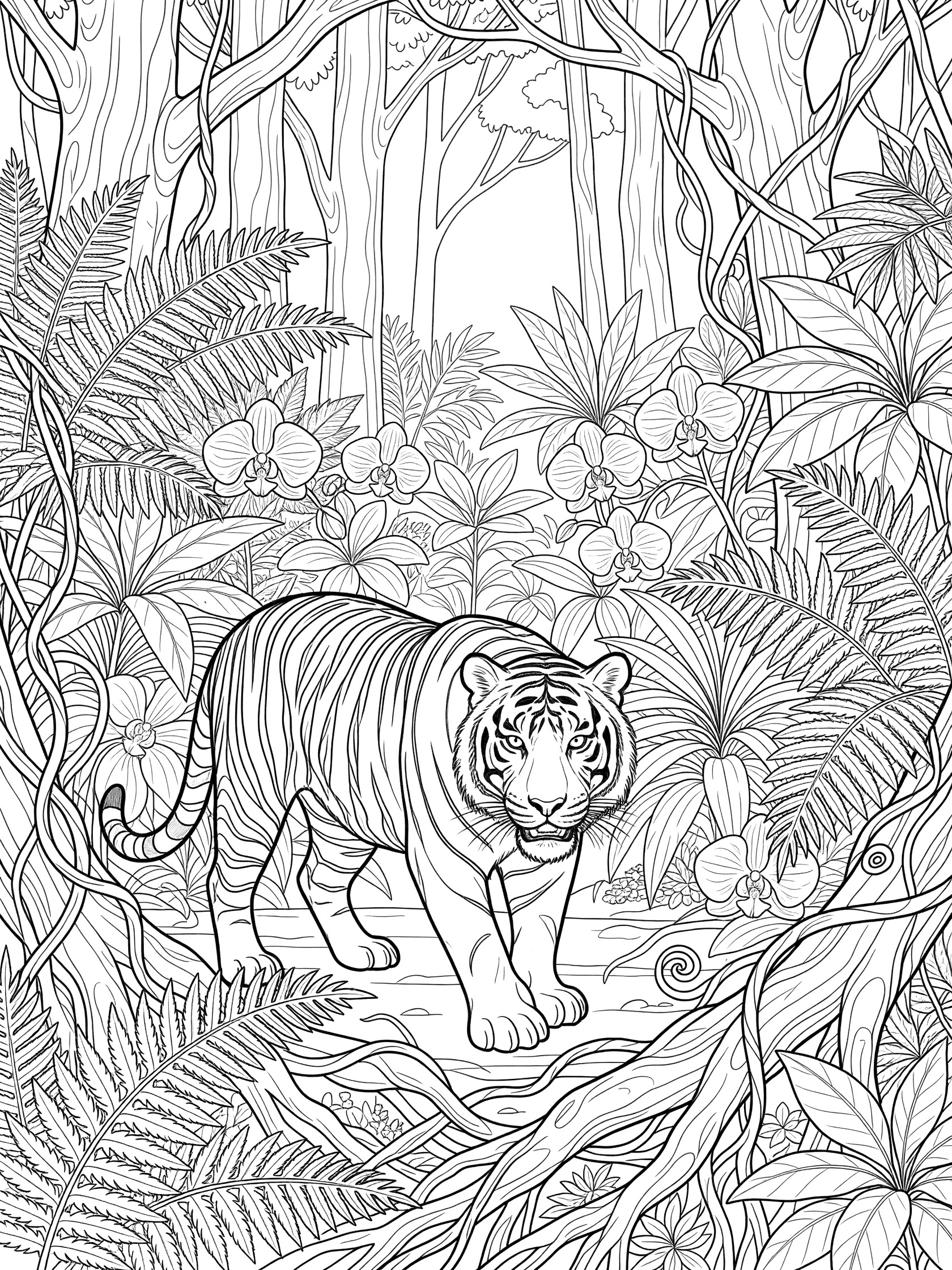 Black and white coloring page of a jungle tiger stalking forward amid thick vines, giant ferns, orchids, and tall trees in a dense forest.